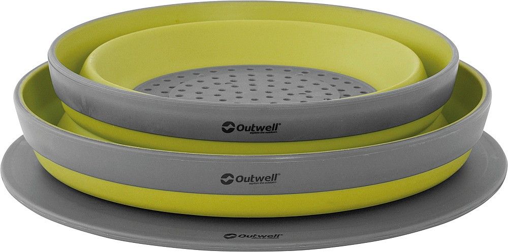 Outwell Schüssel und Sieb, faltbar shadow green mit grauen Deckel. zusammengefaltet