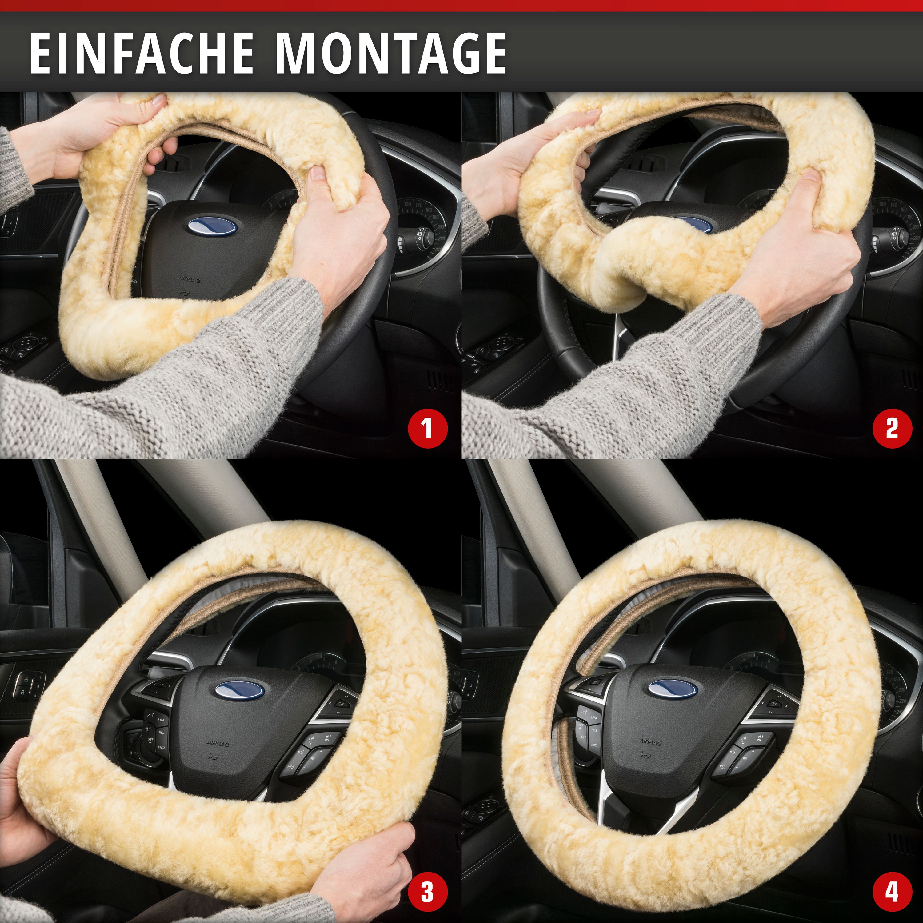 Lenkradbezug Lammfell beige, Beispielbild der einfachen Montage im Auto