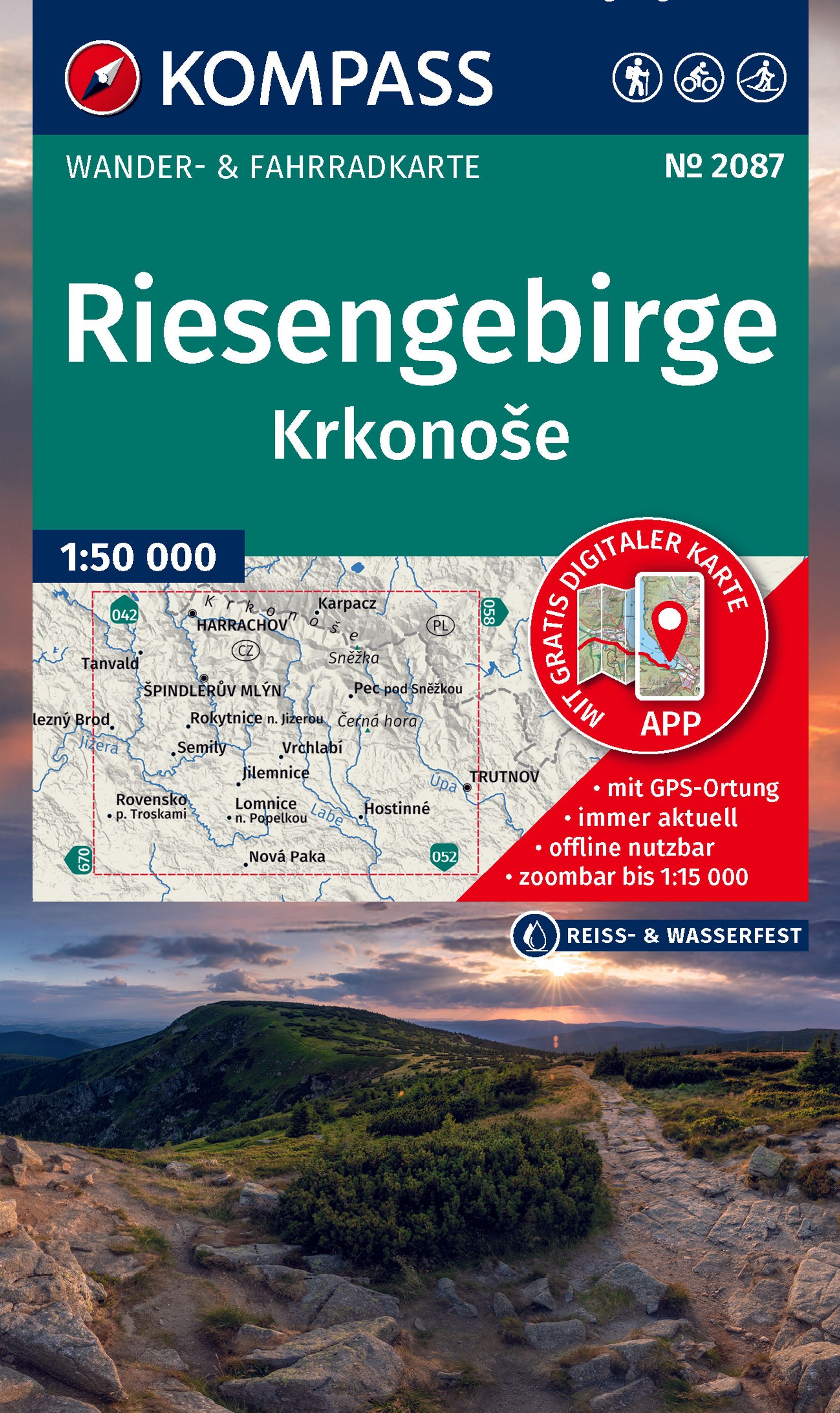 Wanderkarte, Riesenberge Krkonoše, Krkonoše, Topografische Karte, GPS App