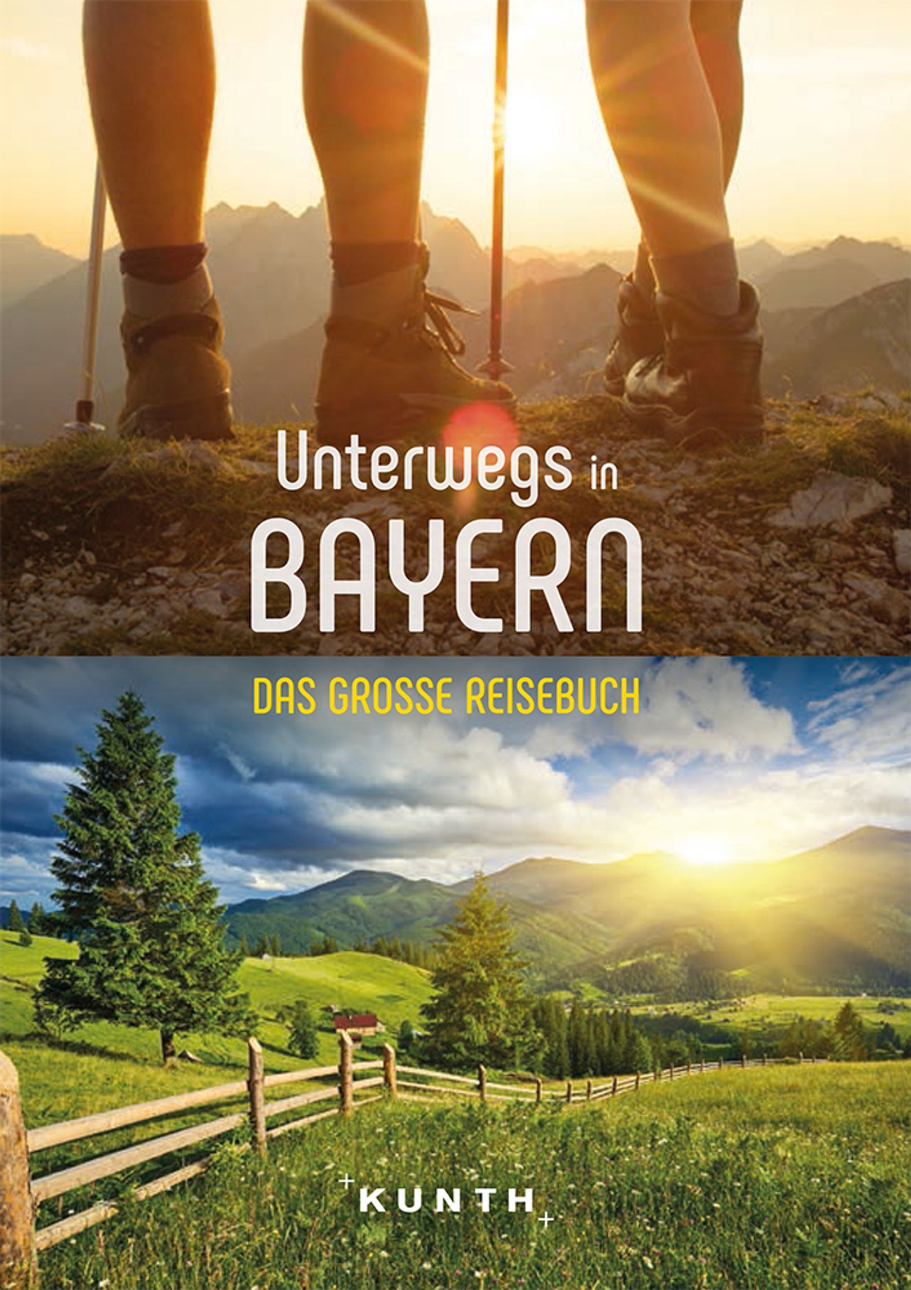 9783955049713 Unterwegs in Bayern: Das große Reisebuch, oben Wanderer unten Wiese mit Zaun und Bäumen