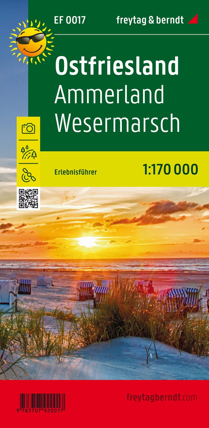 9783707920017 Ostfriesland, Erlebnisführer, Cover Strand mit Sträuchern und Sonnenuntergang über Meer