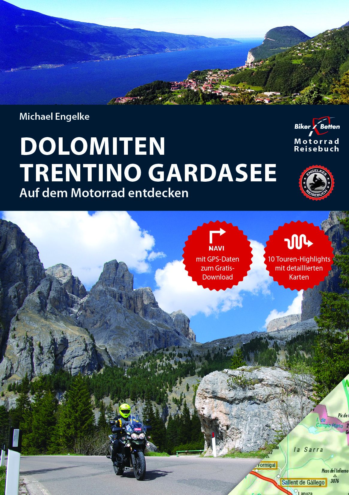 Motorrad Reiseführer Dolomiten, Trentino, Gardasee Werbung, Plakat, Person, Gipfel, Motorrad