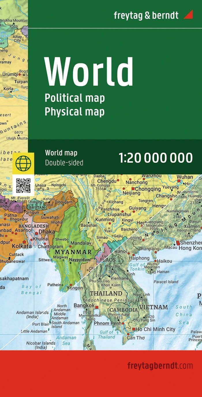world map, political map, physical map, 1:20 000 000, double-sided