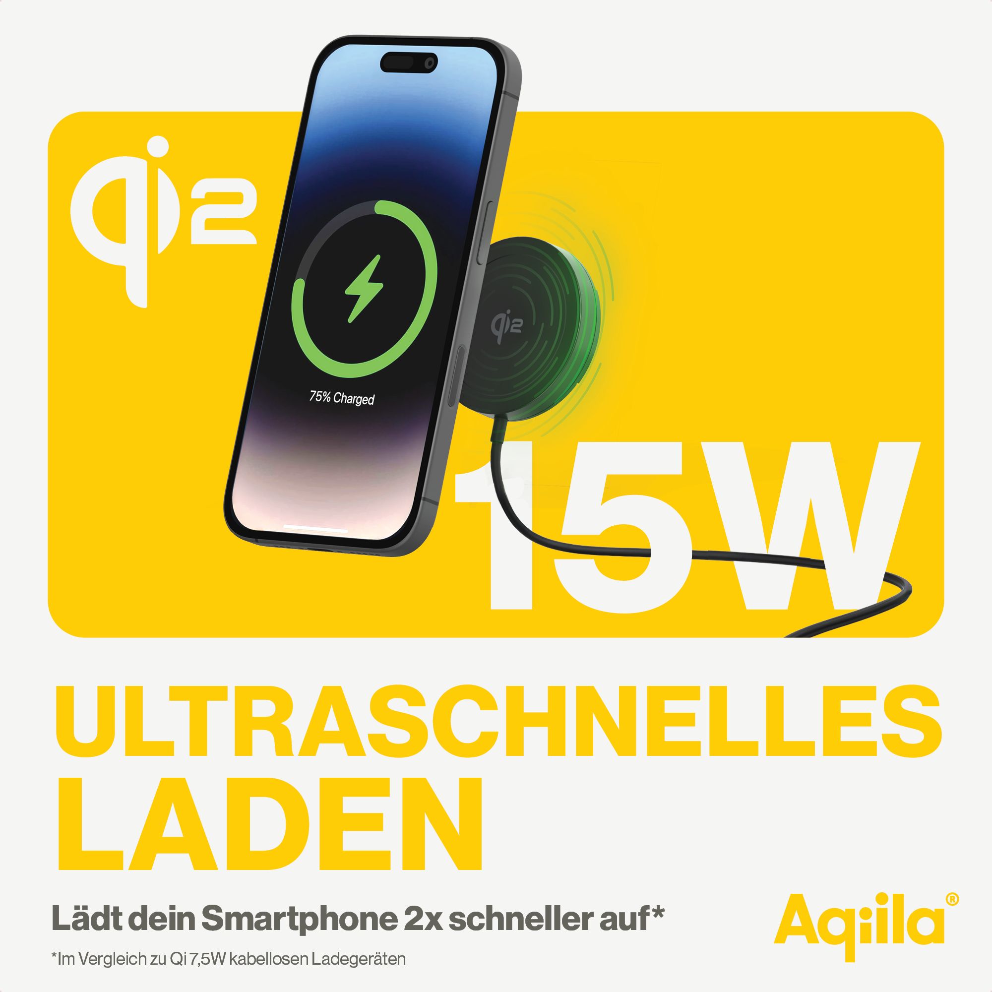 smartphone, kabelloses ladegerät, Qi2, aufladen, 15W