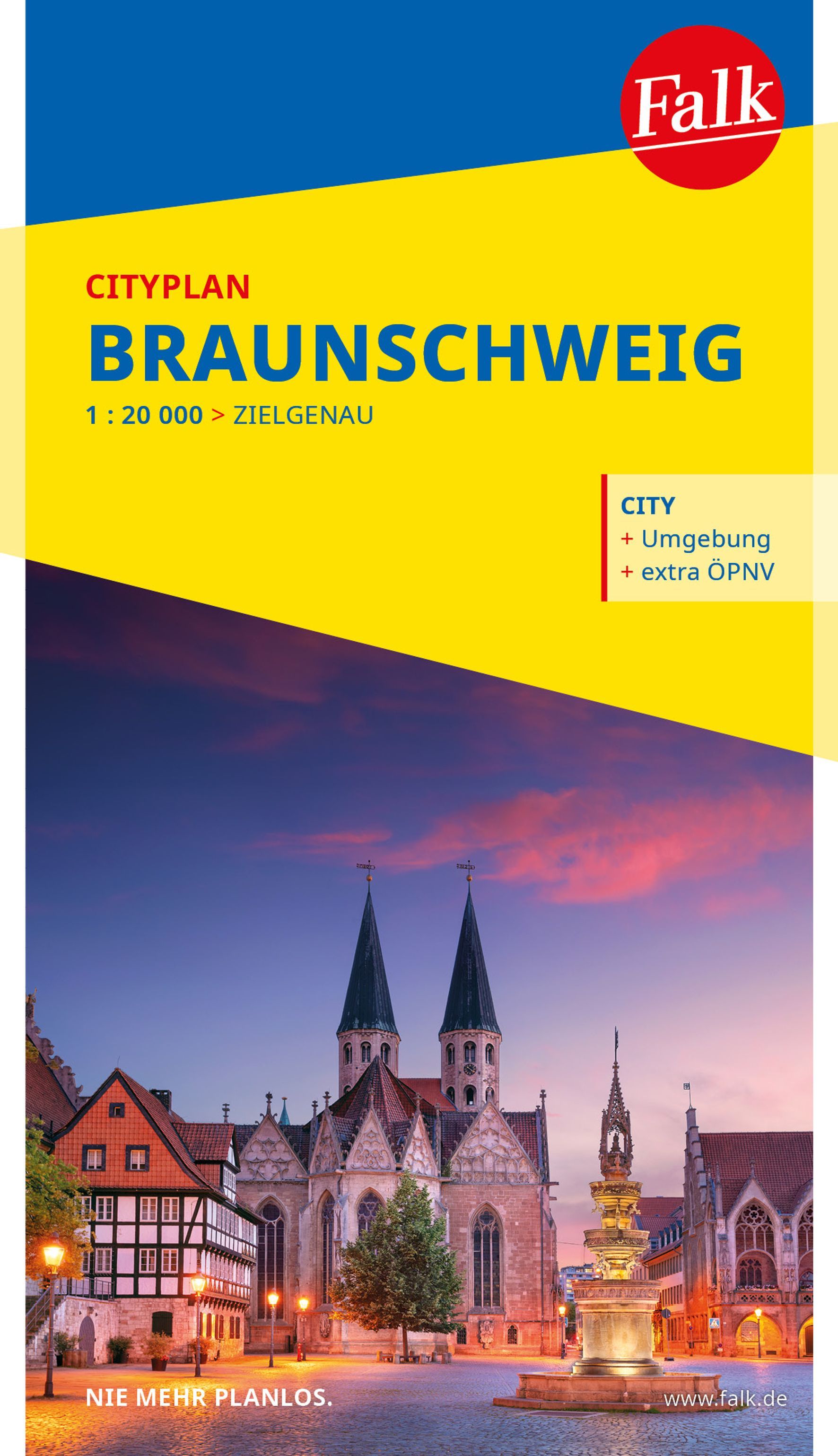 Falk Cityplan Braunschweig 1:20.000 Cover Falk Cityplan Braunschweig. Marktplatz und Turmspitze im Abendrot