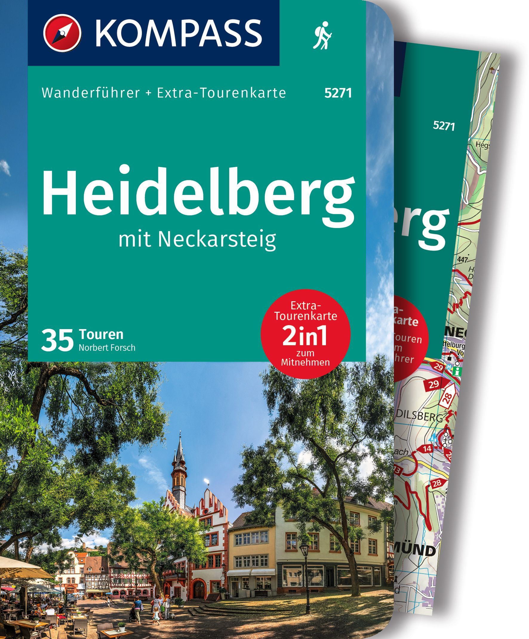 9783991216247 KOMPASS Wanderführer Heidelberg mit Neckarsteig, COver Altstadt mit Bäumen