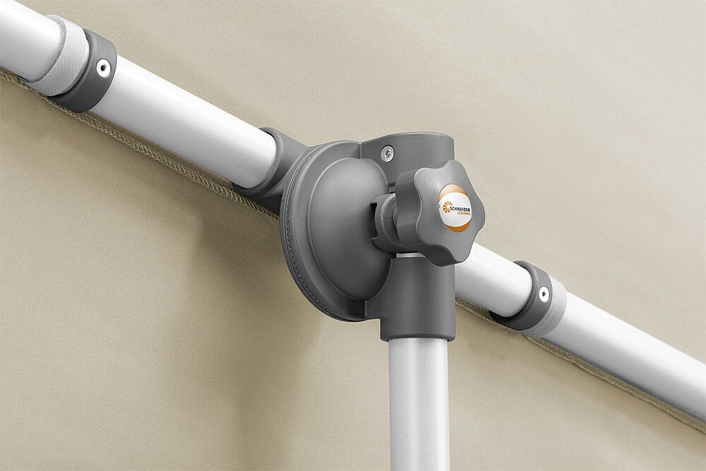 Schneider Sonnenschirm, beige, aufgeklappt, Nahaufnahme des Gestänges