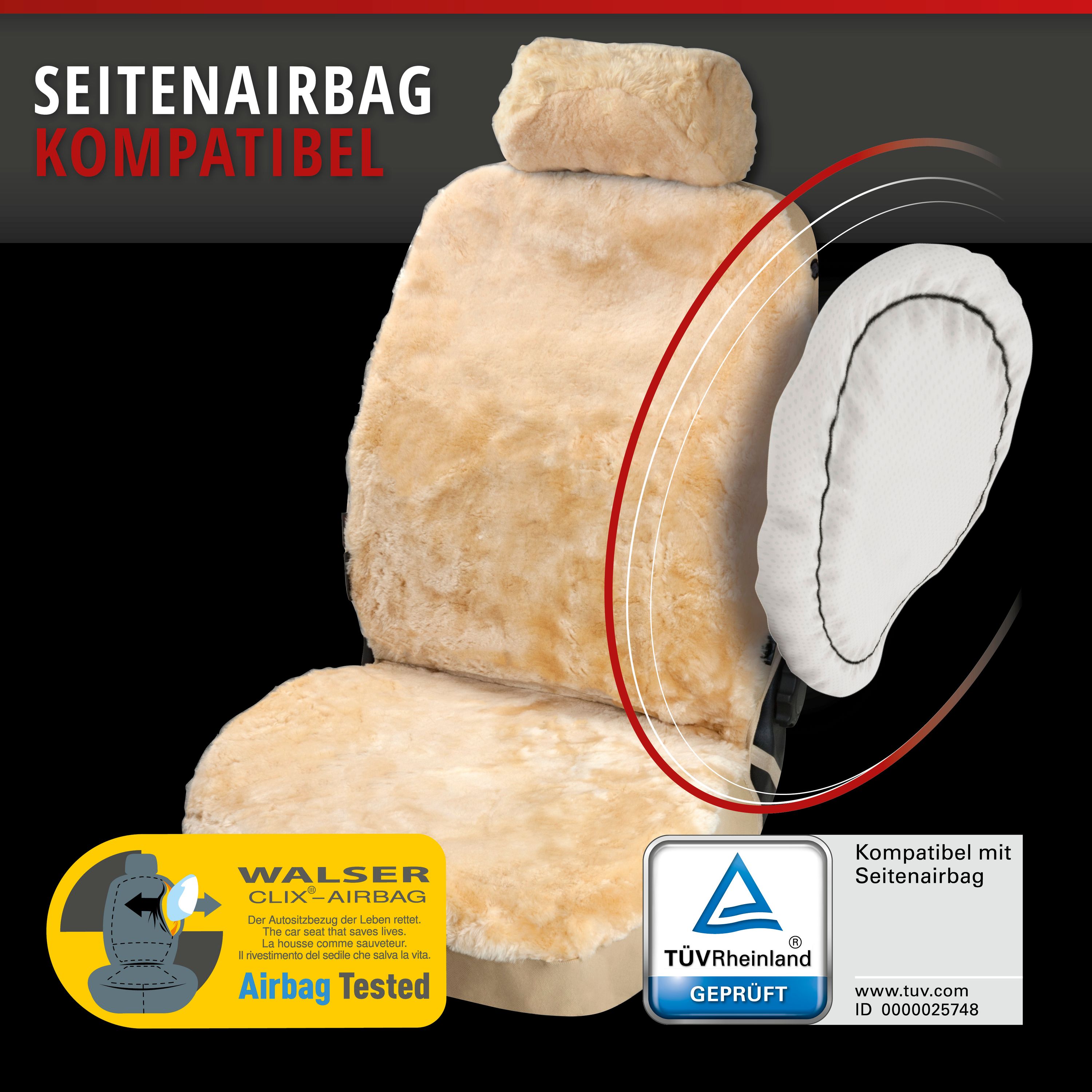 9001778200198_006 Autositzbezug Iva Lammfell Beige, auf Sitz montiert mit Seiten Airbag