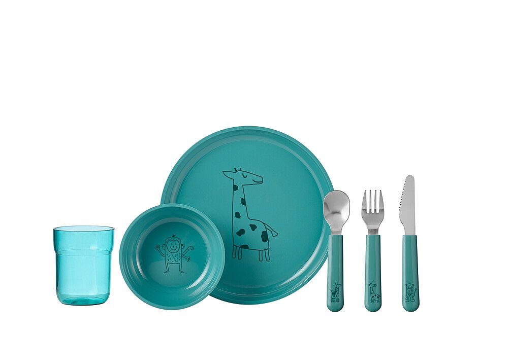 994411511 Mepal Kindergeschirrset Mio 6-teilig, Messer, Gabel, Löffel, Kleiner und großer Teller mit Giraffen Motiv, ein Becher