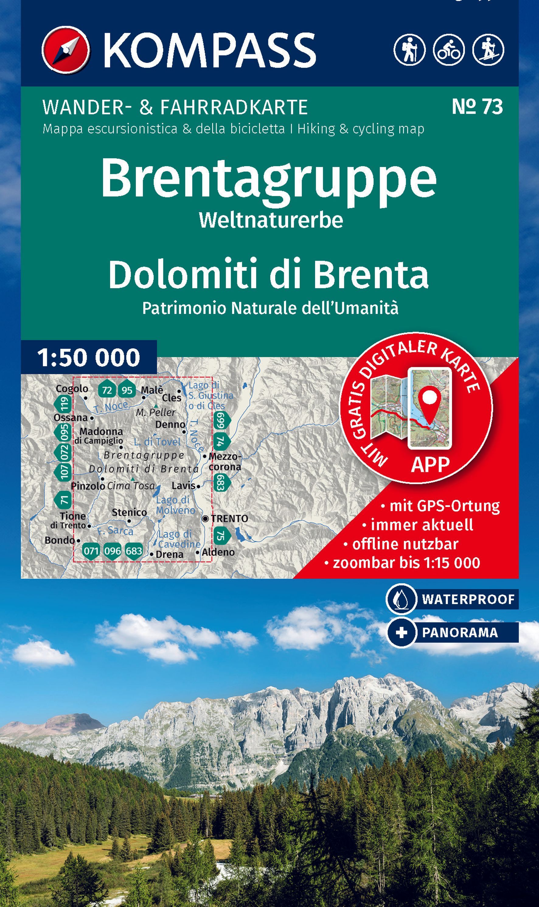 KOMPASS Wanderkarte 73 Brentagruppe, Weltnaturerbe Werbung, Plakat, Natur, Draußen, Gipfel