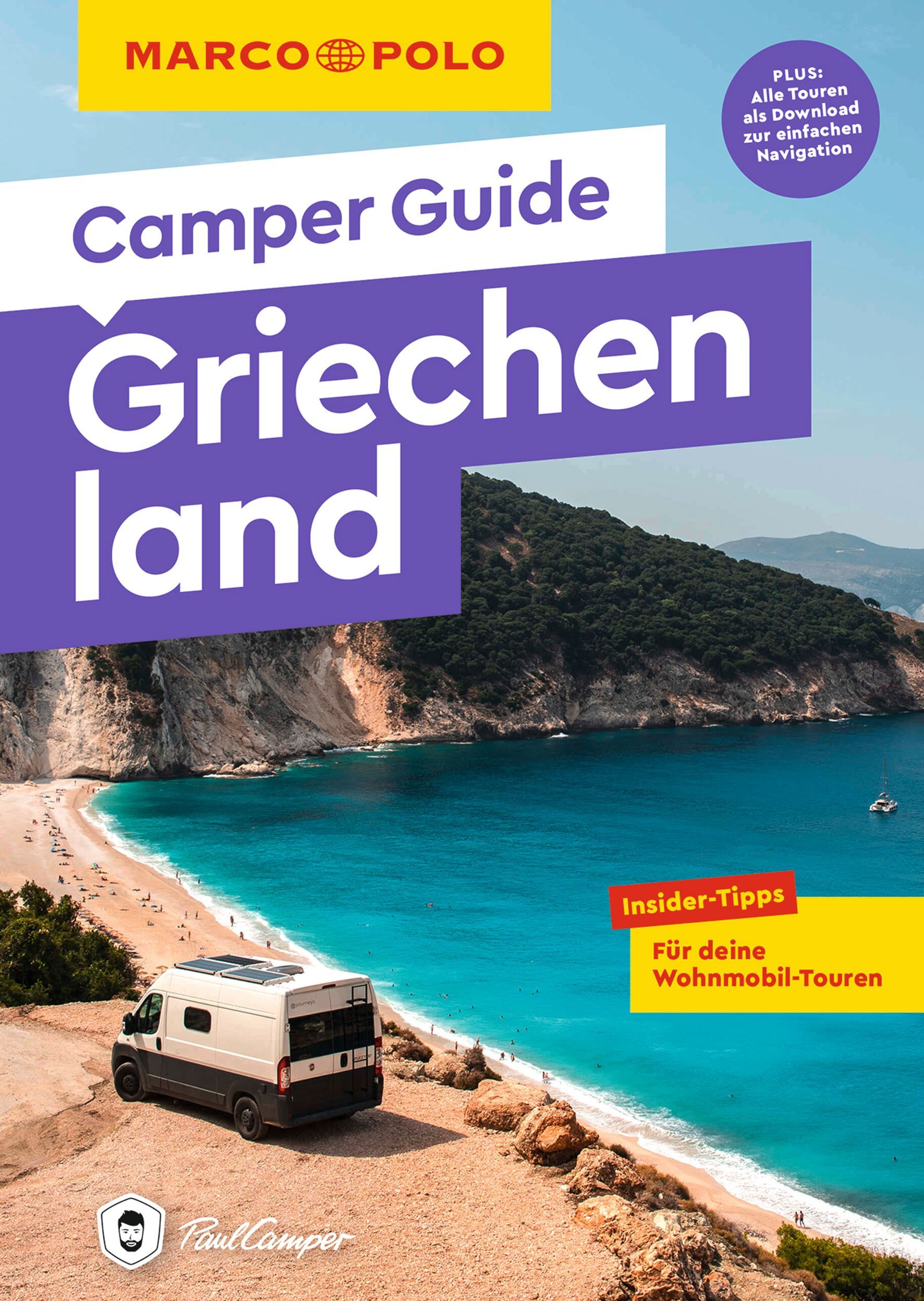 MARCO POLO Camper Guide Griechenland Cover Marco Polo Camper Guide Griechenland. Wohnmobil an Strand mit blauen Meer und Felsen im hintergrund