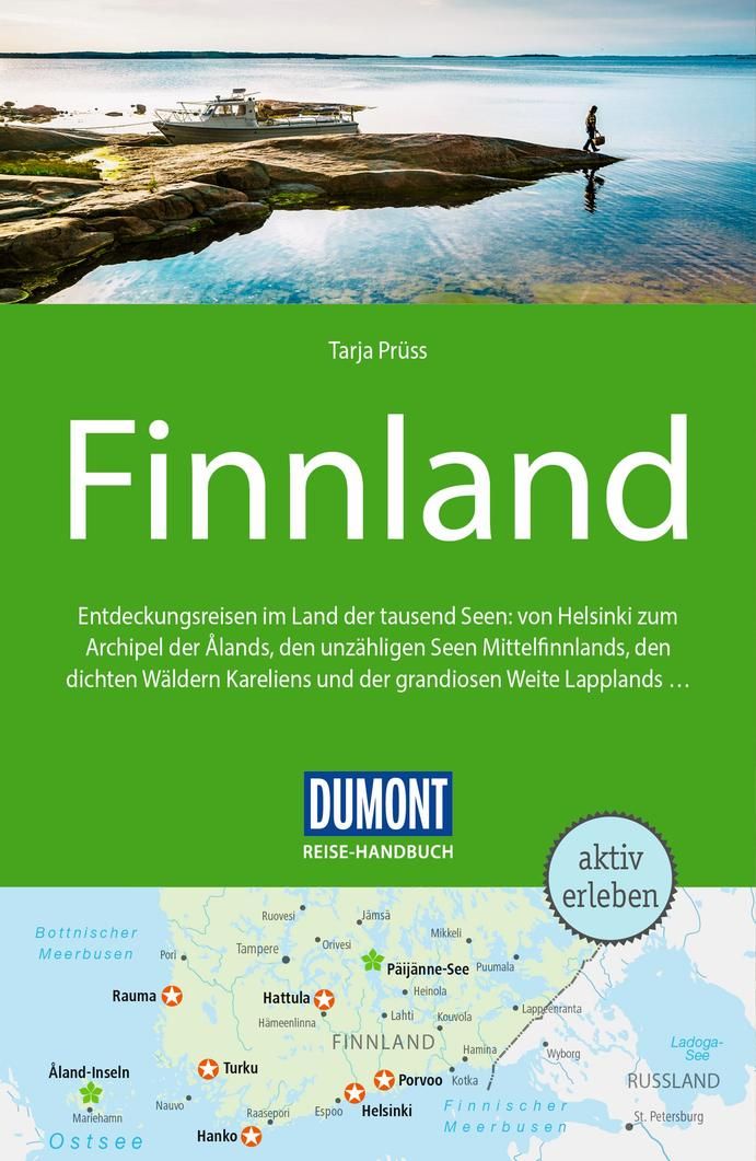 Finland, Reisebuch, Küstenlandschaft, Boot, Person am Wasser