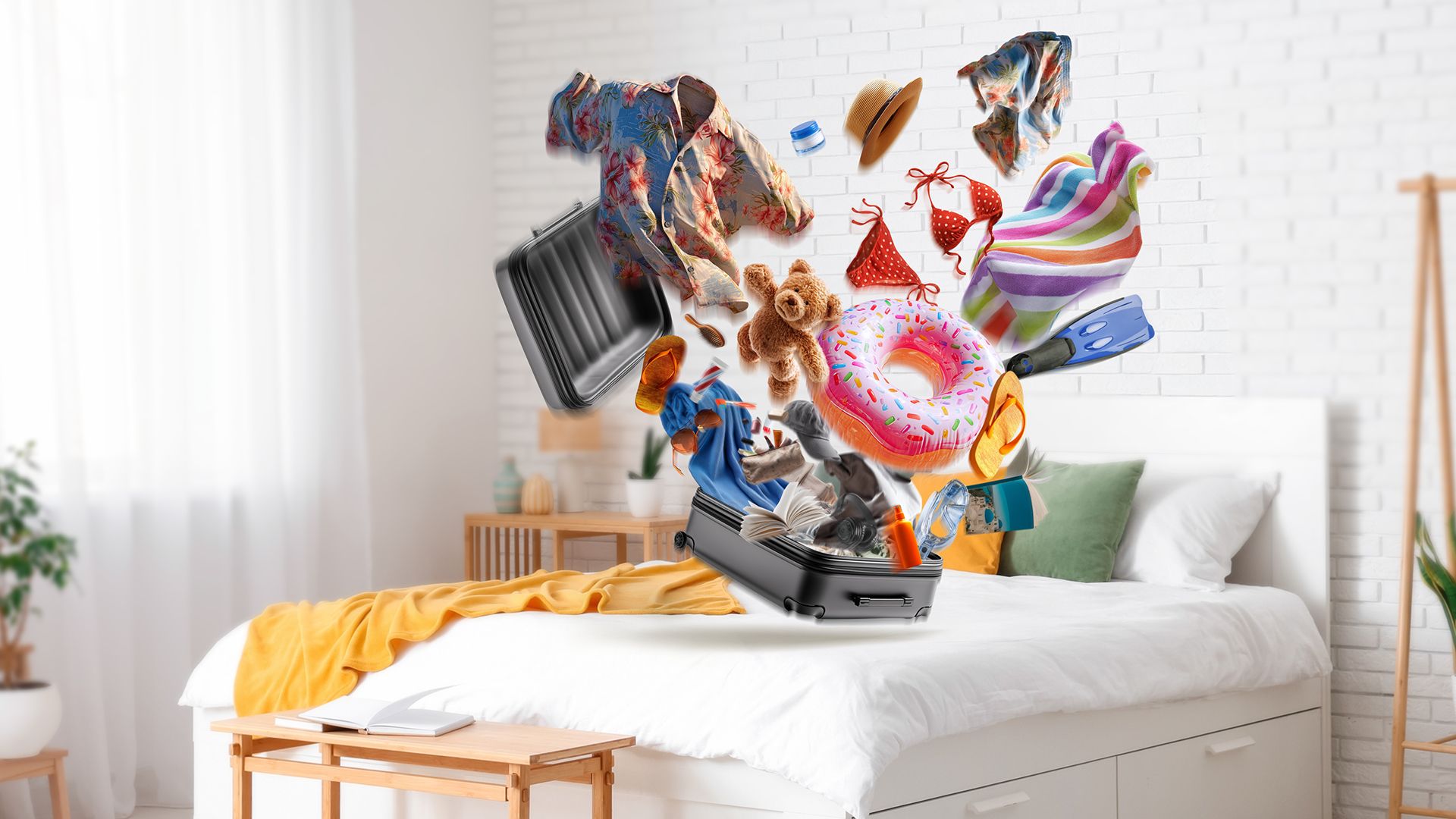 Innenarchitektur, Schlafzimmer, Zimmer im Schlafsaal, Kissen, Laptop