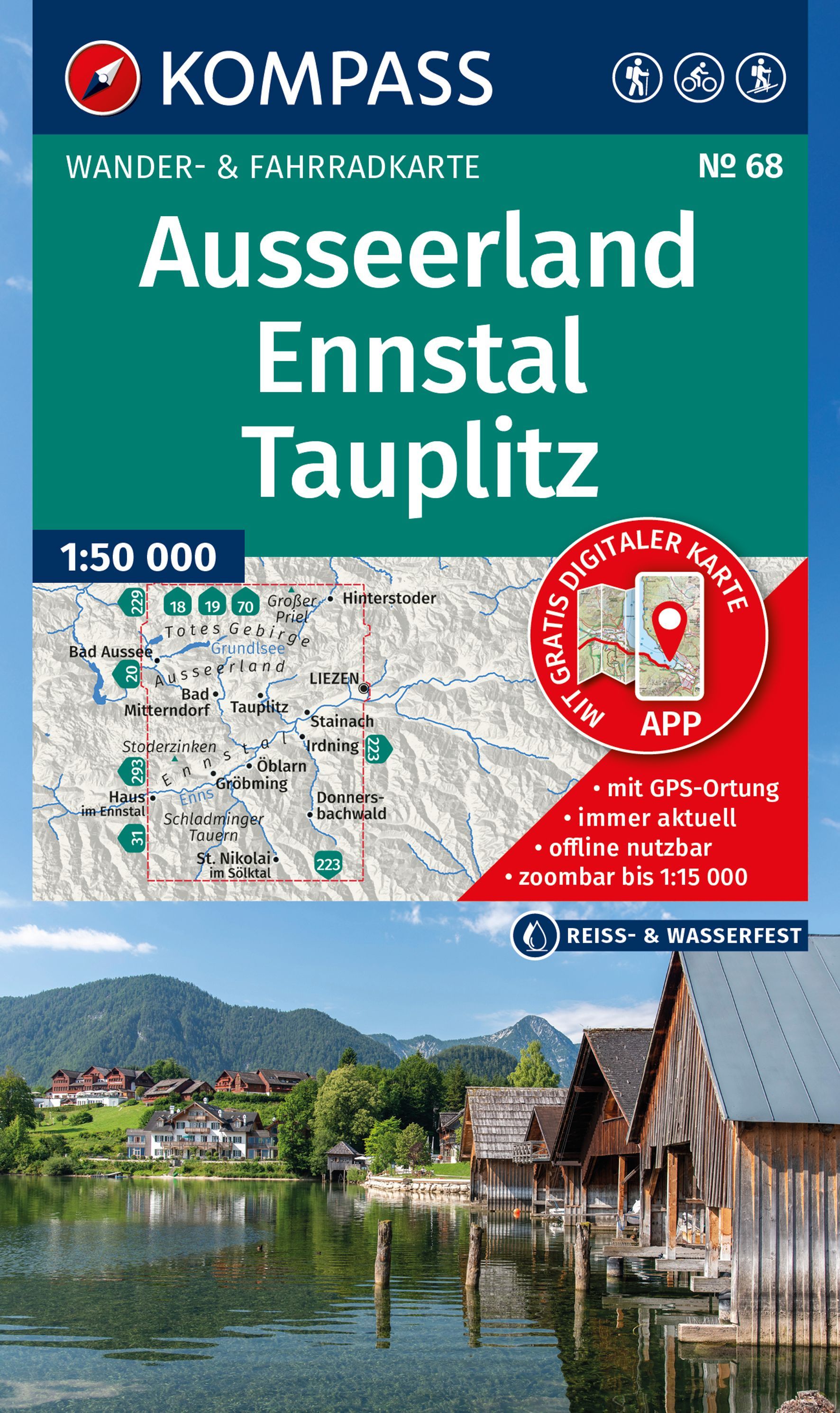 KOMPASS Wanderkarte Ausseerland, Ennstal, Tauplitz Werbung, Plakat, Unterschlupf, Uferpromenade, Hütte