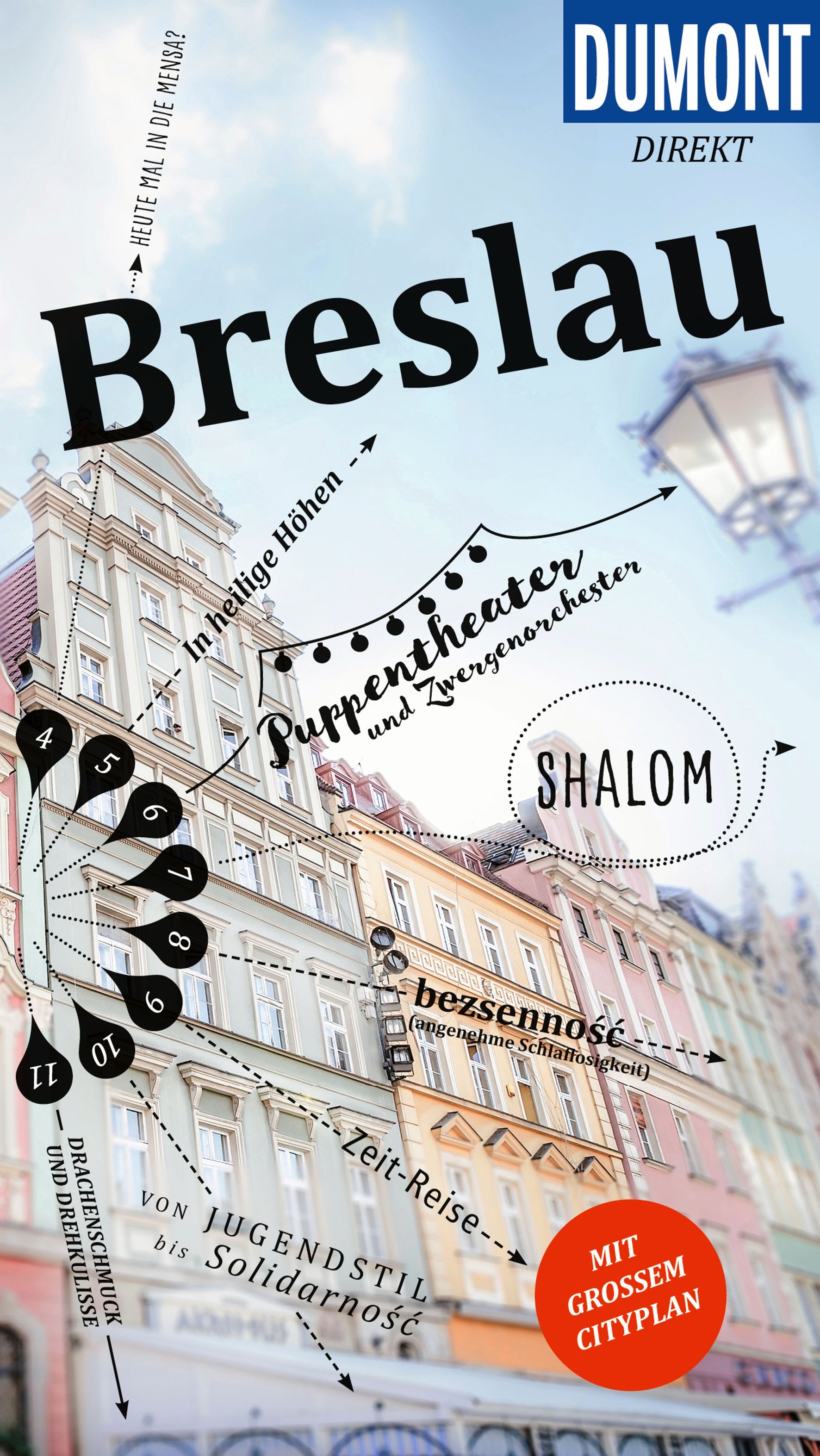 DuMont direkt Reiseführer Breslau Cover Dumont Direkt Reiseführer Breslau. Gebäude Altbau mit bunten Fassaden und der hellblaue Himmel
