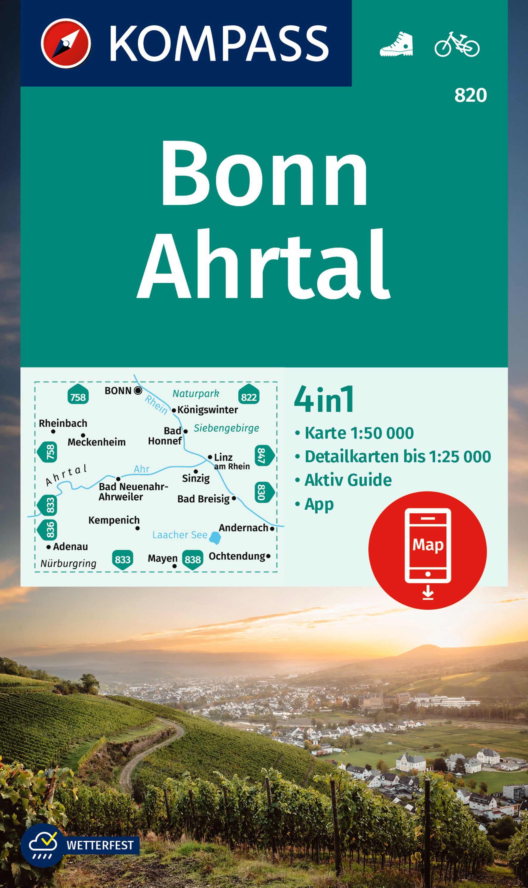 KOMPASS Wanderkarte 820 Bonn, Ahrtal 1:50.000 Werbung, Plakat,