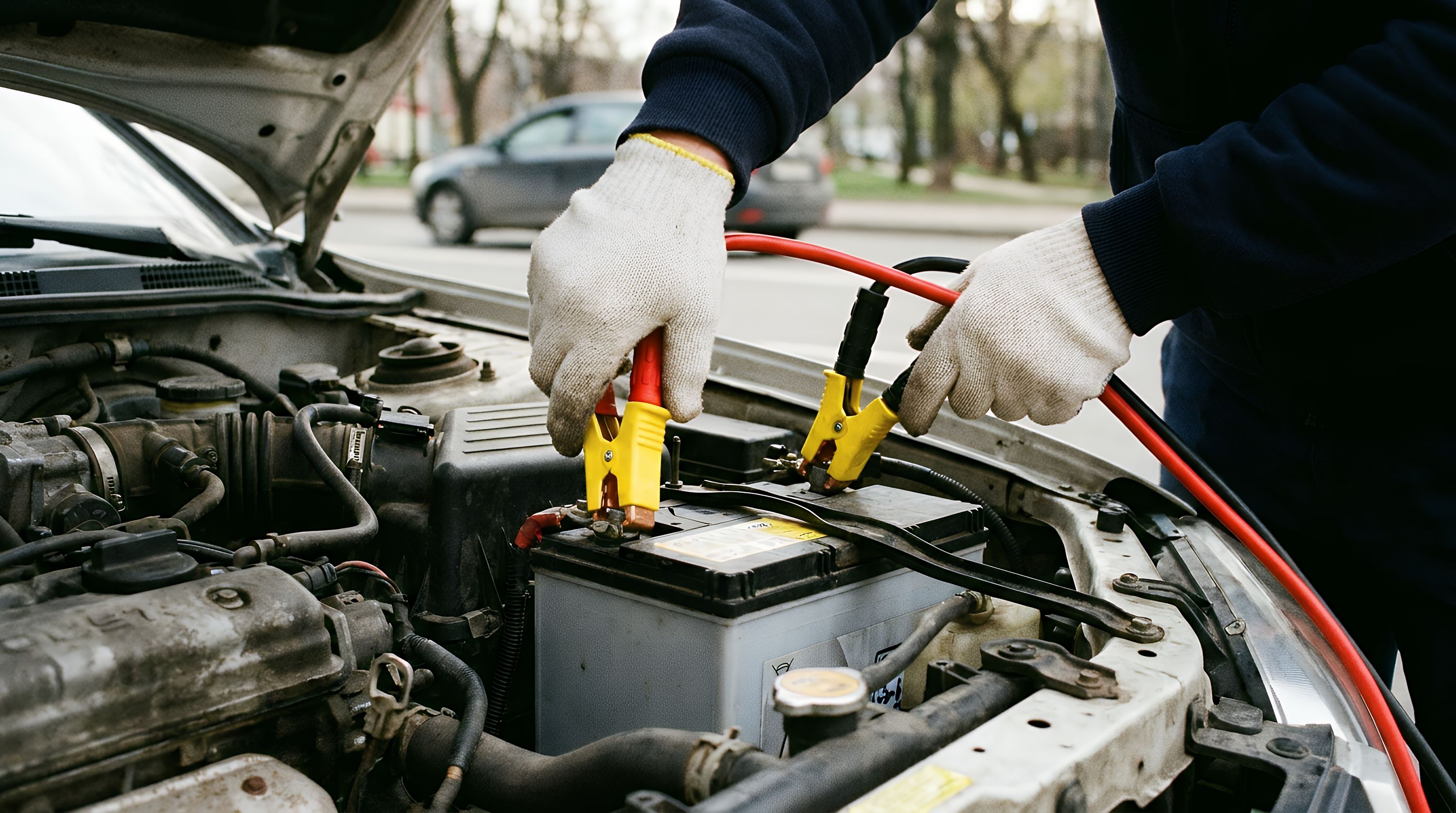auto, auto, batterie, kabelschuhe, motorraum