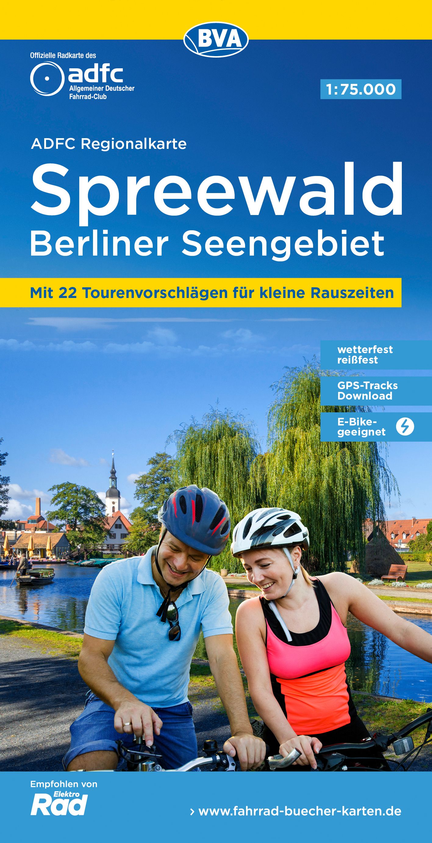 9783969900949 ADFC Regionalkarte Spreewald, Radfahrerpaar vor Fluss und Bäumen