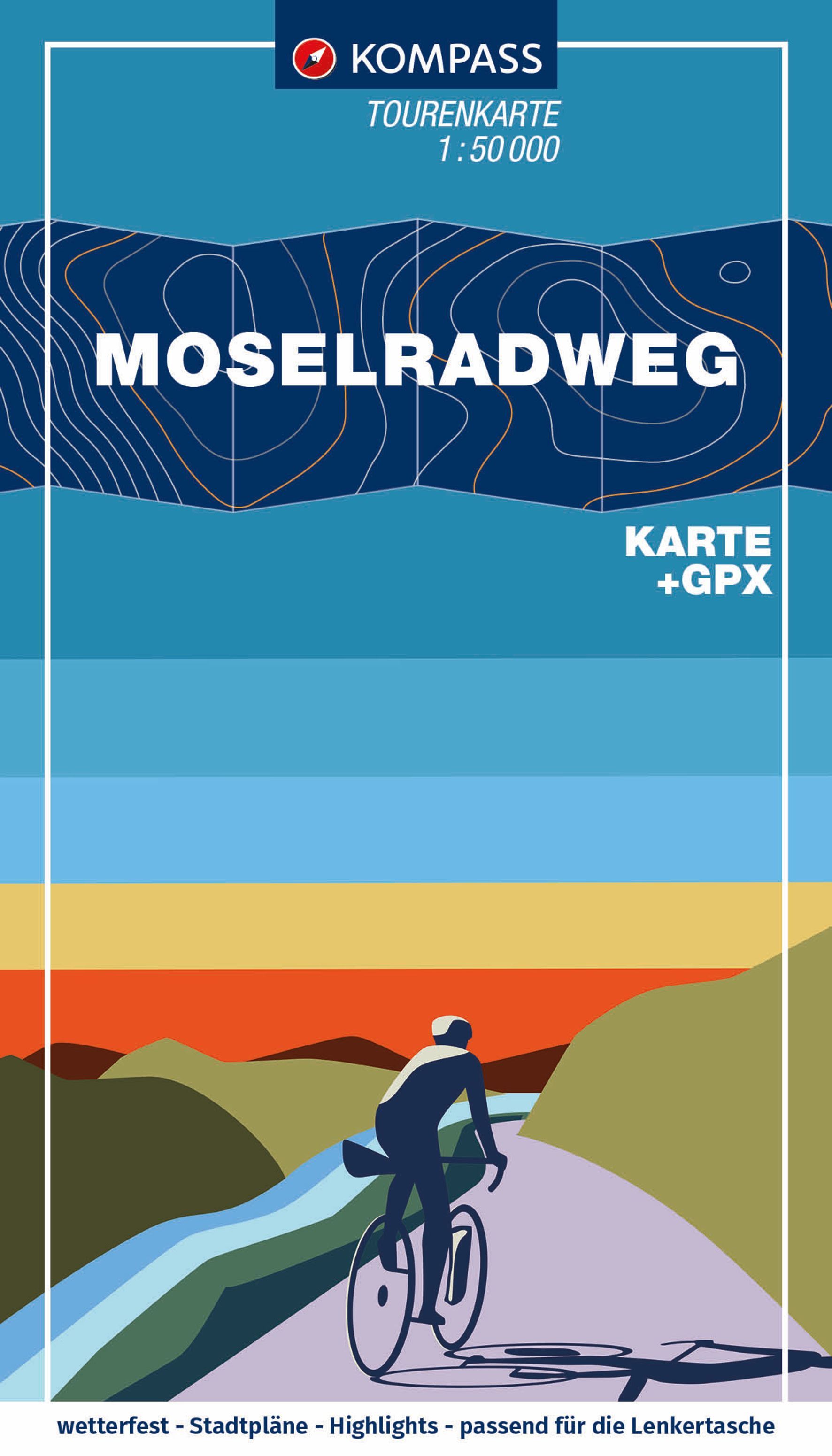 KOMPASS Fahrrad-Tourenkarte Moselradweg 1:50.000 Werbung, Plakat, Person, Maschine, Rad