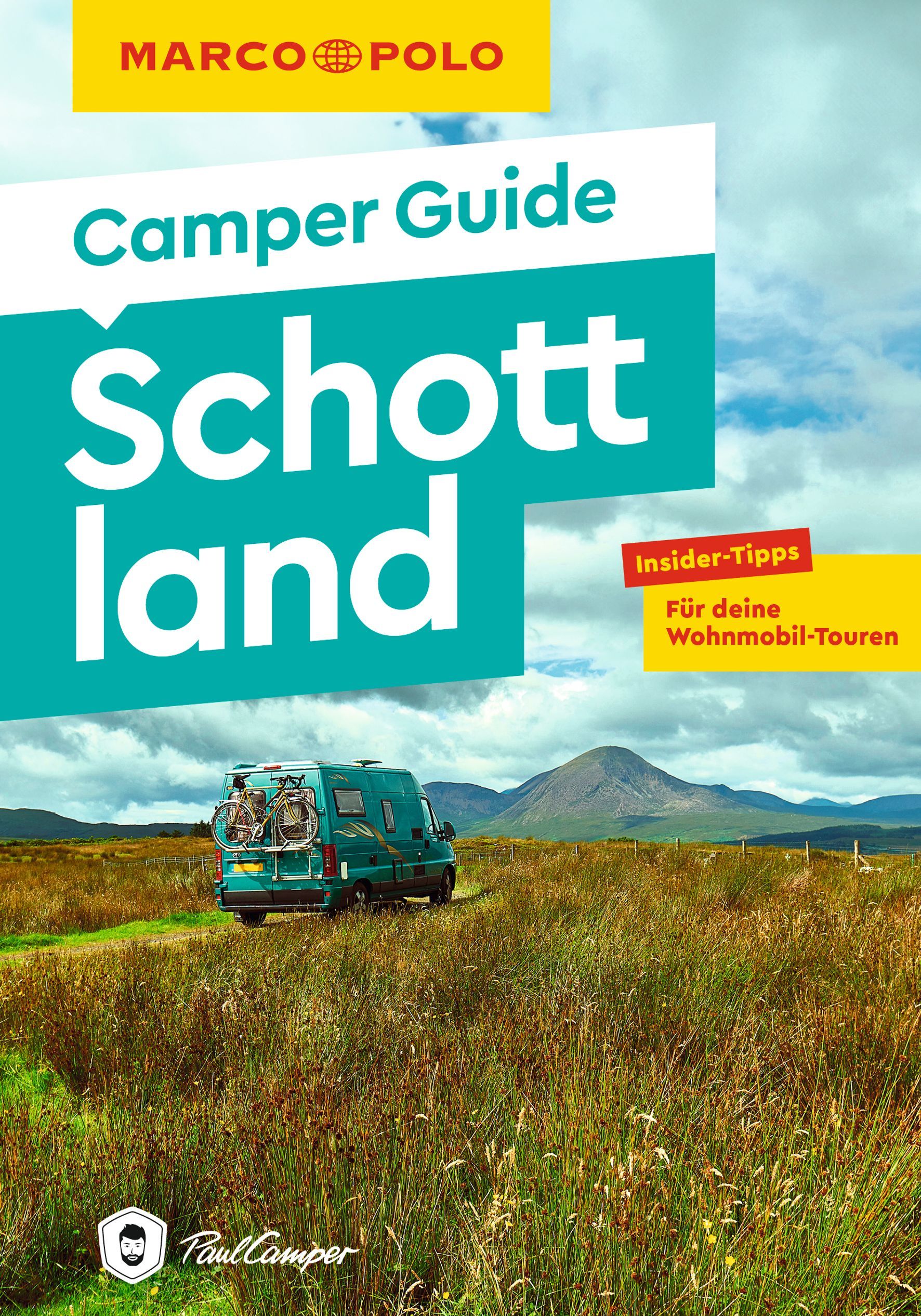 MARCO POLO Camper Guide Schottland Cover Marco Polo Camper Guide Schottalnd. Camperbus in Graslandschaft und im Hintergrund Berge
