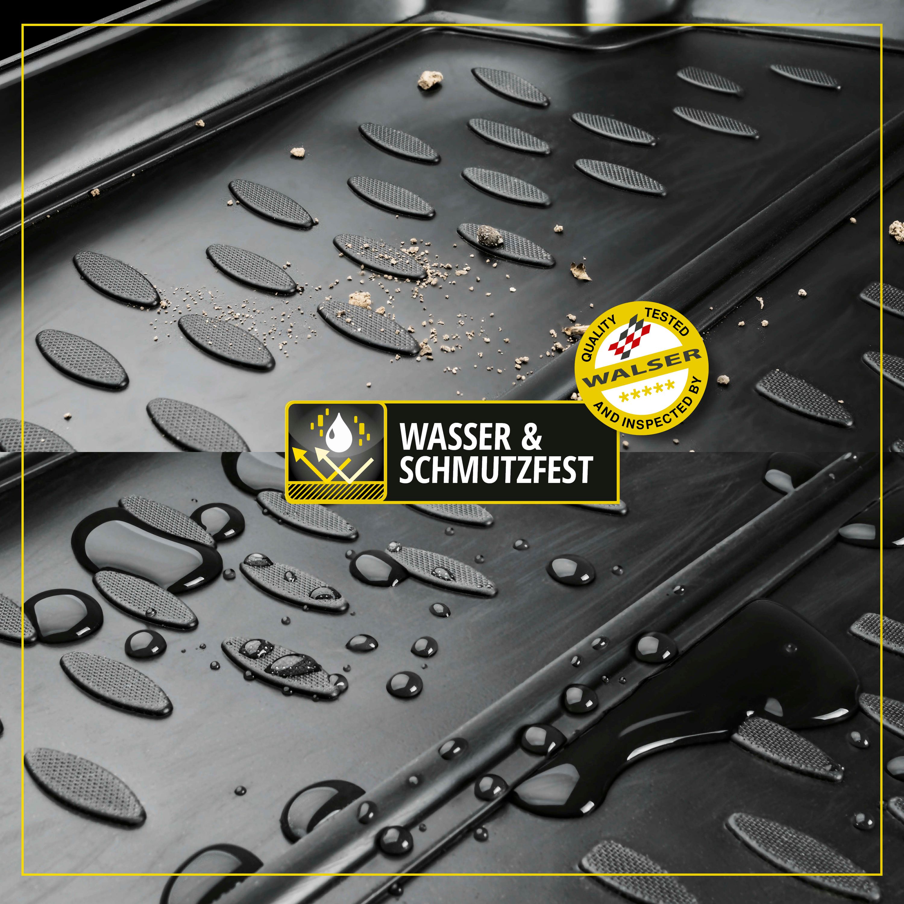 Kofferraumwanne XTR für VW Polo 5, schwarz, Wassertropfen auf Kofferraumwanne 