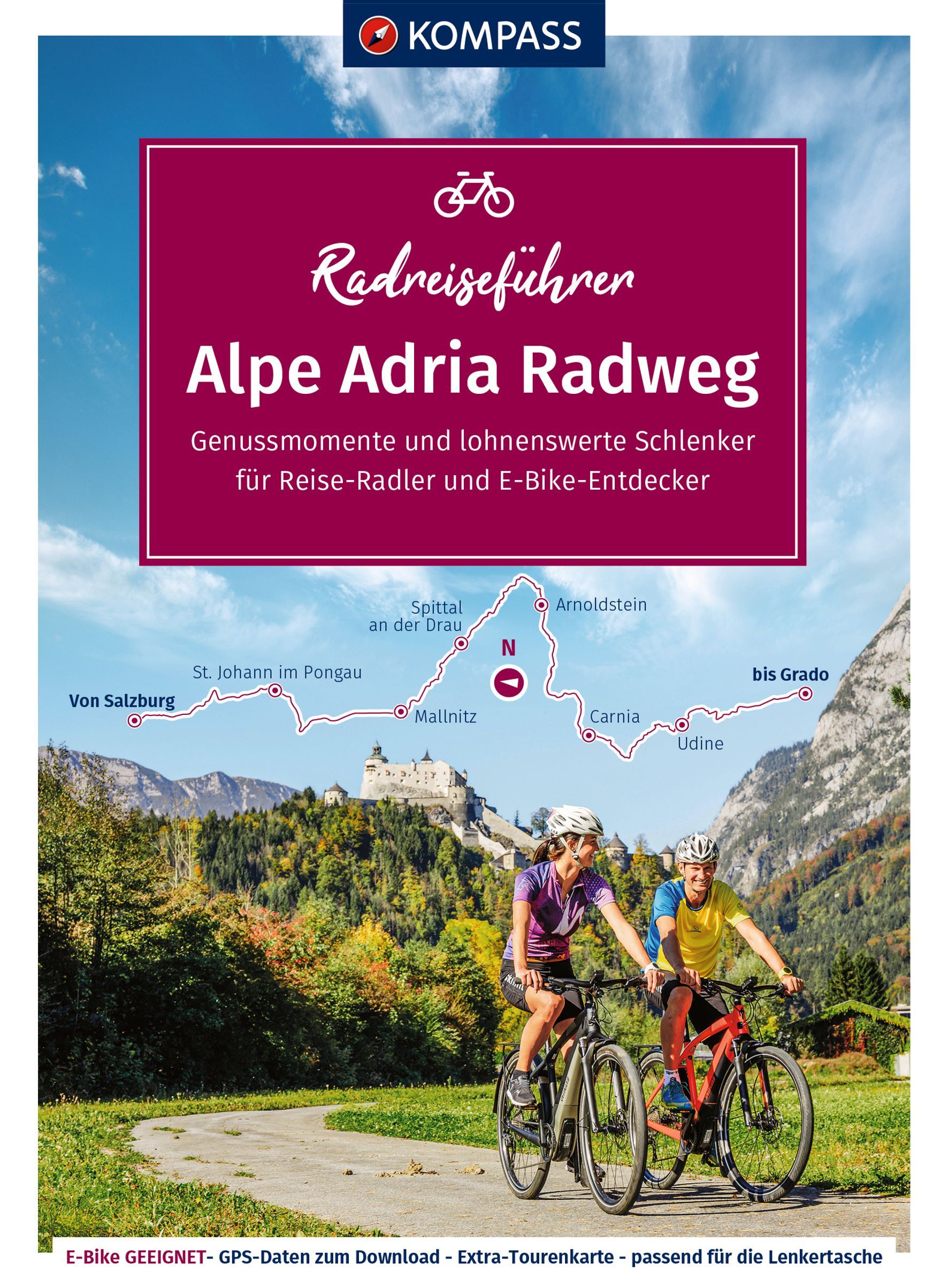 KOMPASS Radreiseführer Alpe Adria Radweg Werbung, Plakat, Helm, Fahrrad, Person