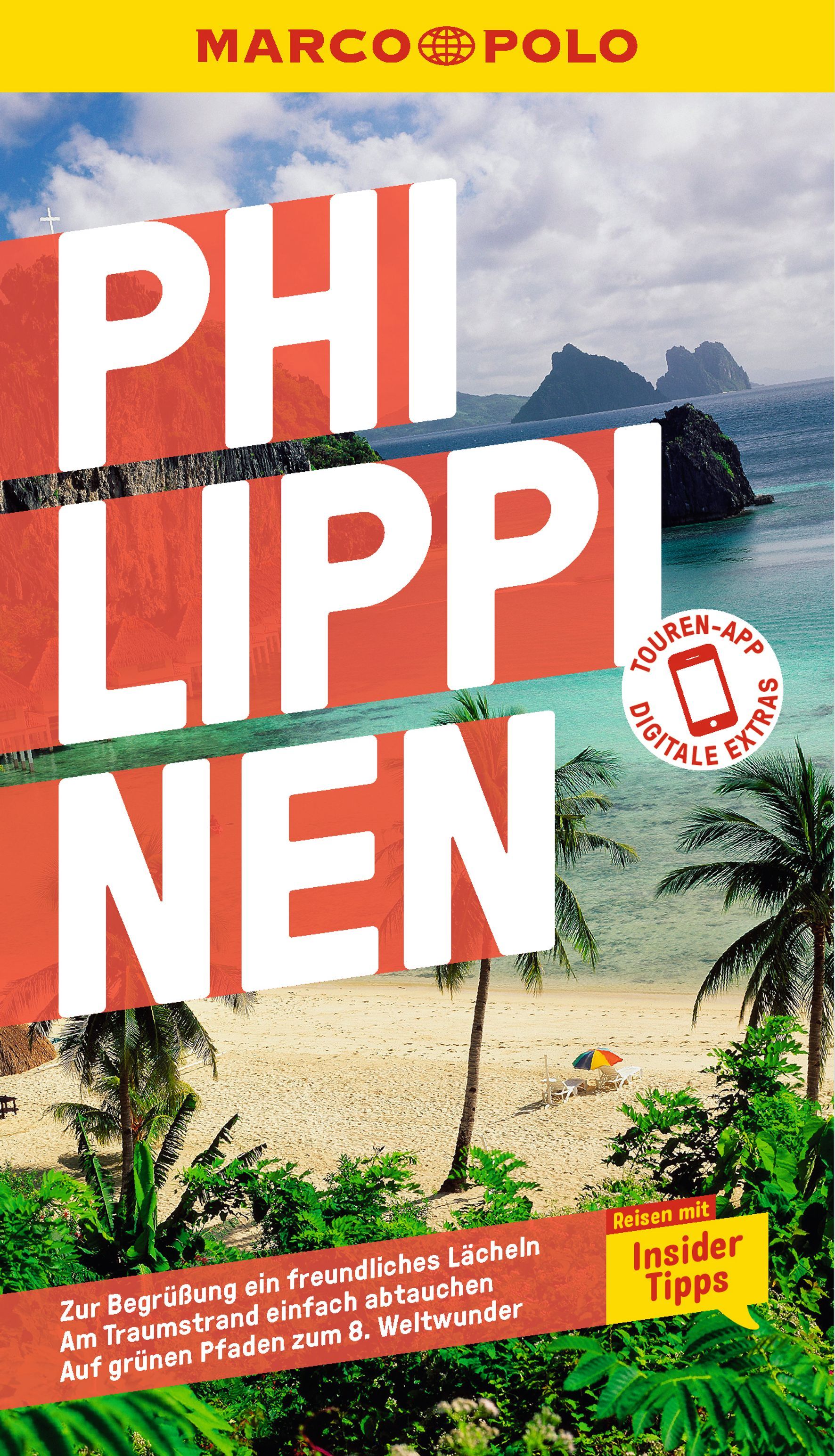 9783829750721 MARCO POLO Reiseführer Philippinen, Cover Strand mit Palmen und Meer mit Felsen im Wasser