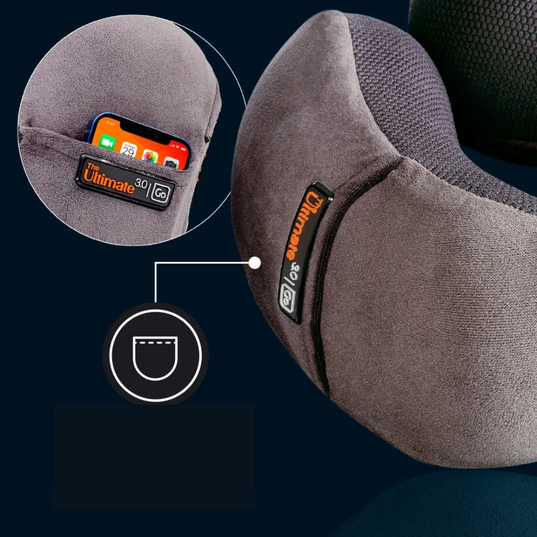 Nackenkissen, grau, blauer Hintergrund, Fach zur Aufbewahrung