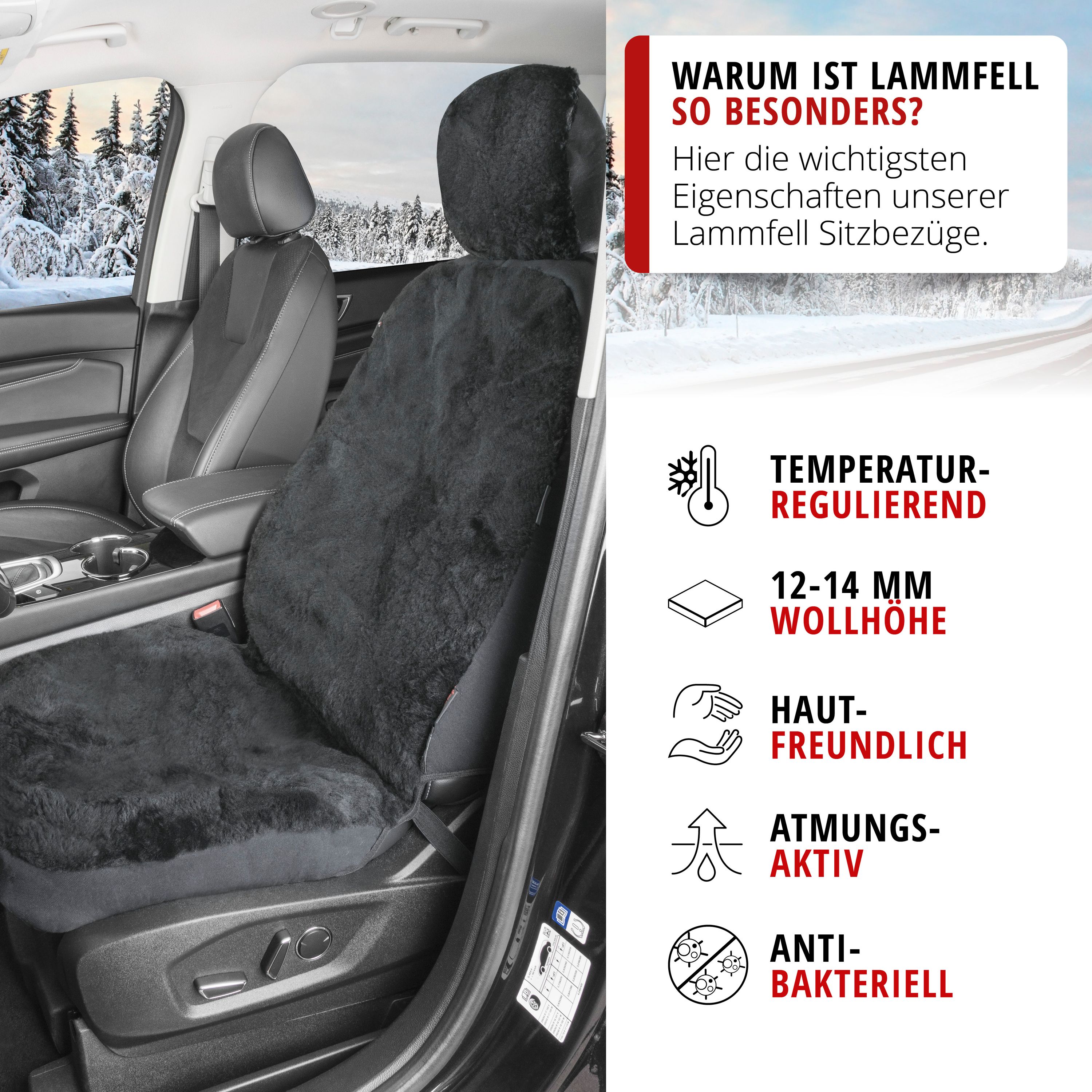 9001778200204_006 Autositzbezug Iva Lammfell Schwarz, im Auto montiert mit Vorteilen des Lammfells