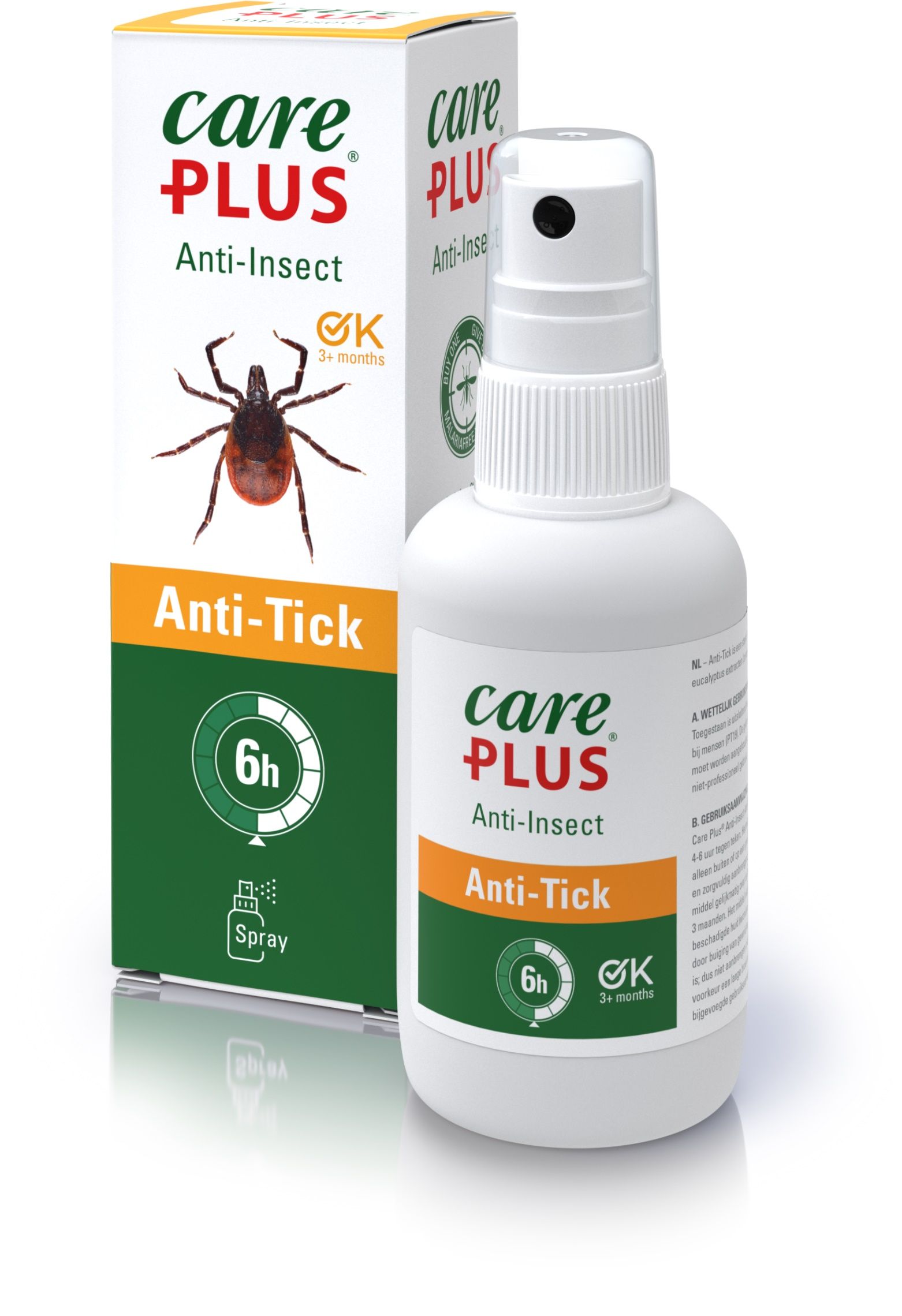 Anti-Tick_Spray_60ml_metflesje Sprayflasche neben Vepackung, Weiß Orange, Grün
