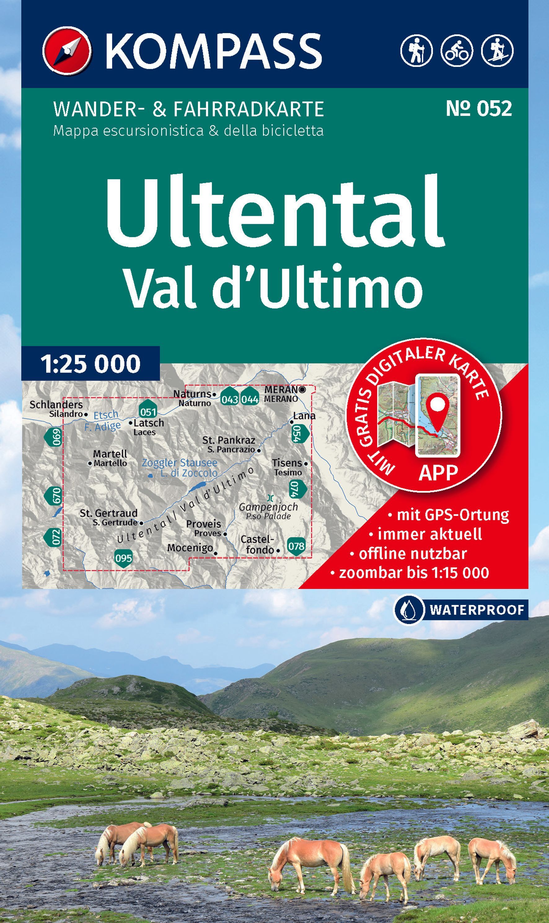 KOMPASS Wanderkarte 052 Ultental / Val d'Ultimo Werbung, Plakat, Feld, Weide, Grünland