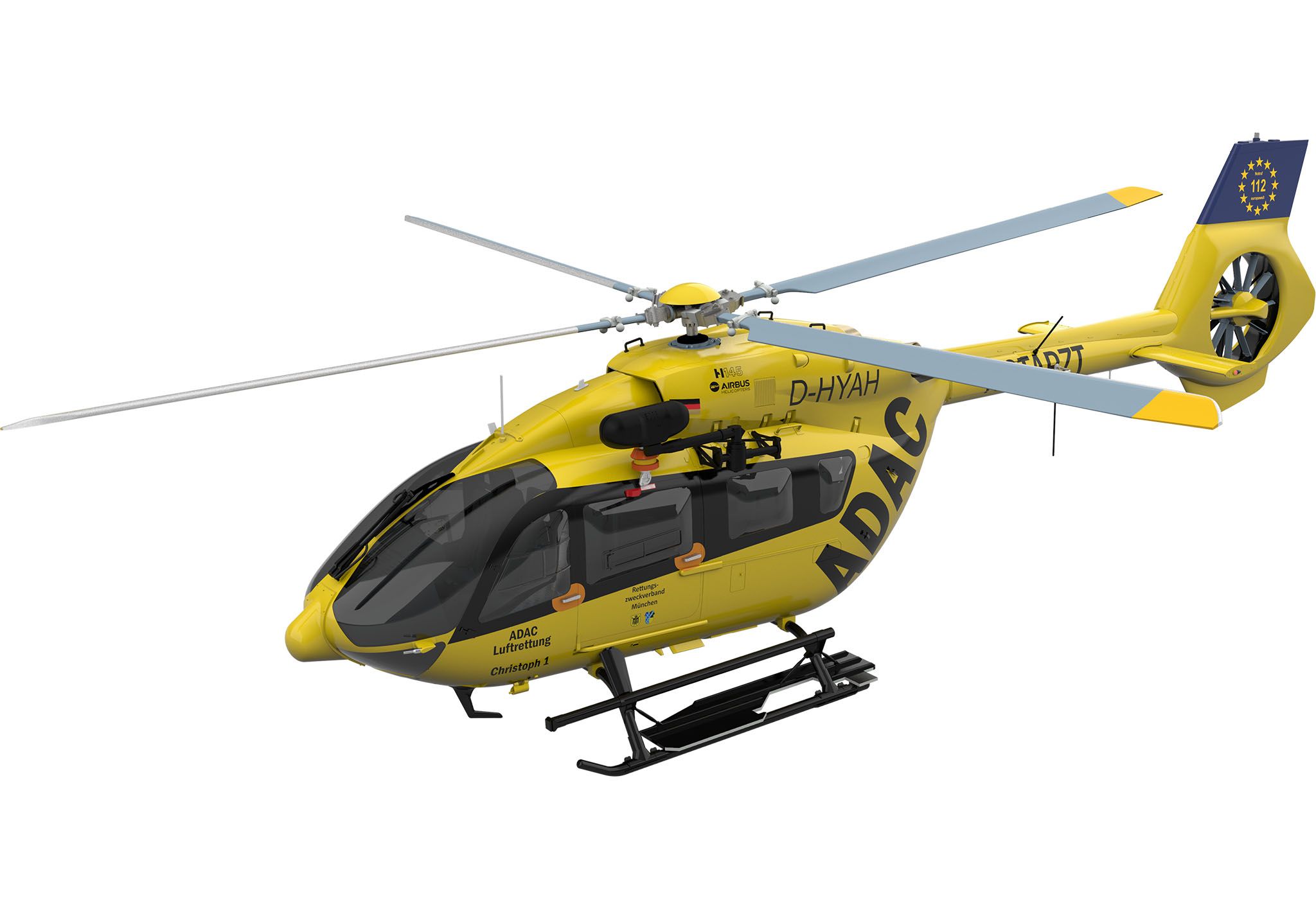 ADAC Helikopter als Modellbau; gelb mit schwarzer Schrift, auf hellem Hintergrund