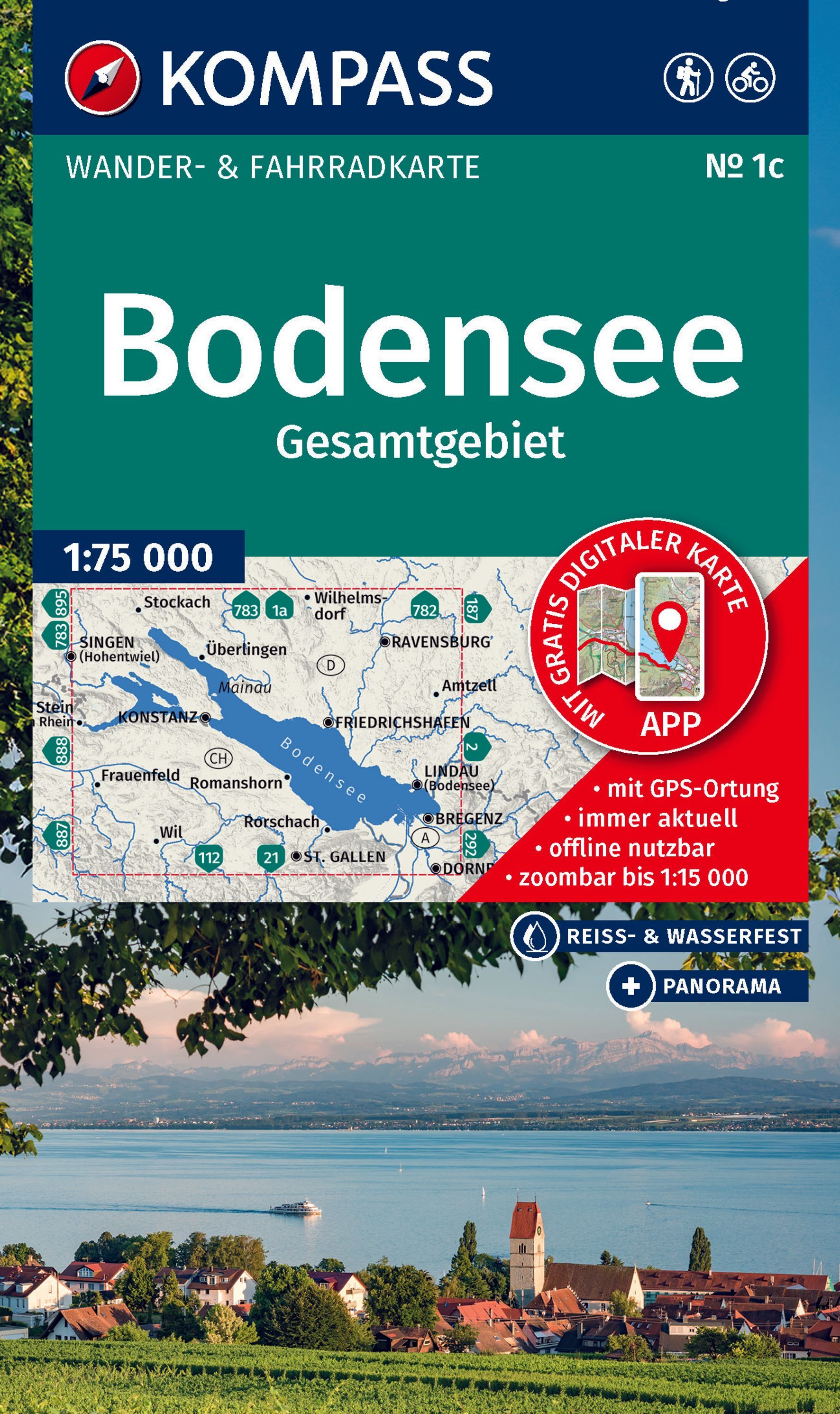 KOMPASS Wanderkarte 1c Bodensee Gesamtgebiet Werbung, Plakat, Boot, Fahrzeug, Uferpromenade