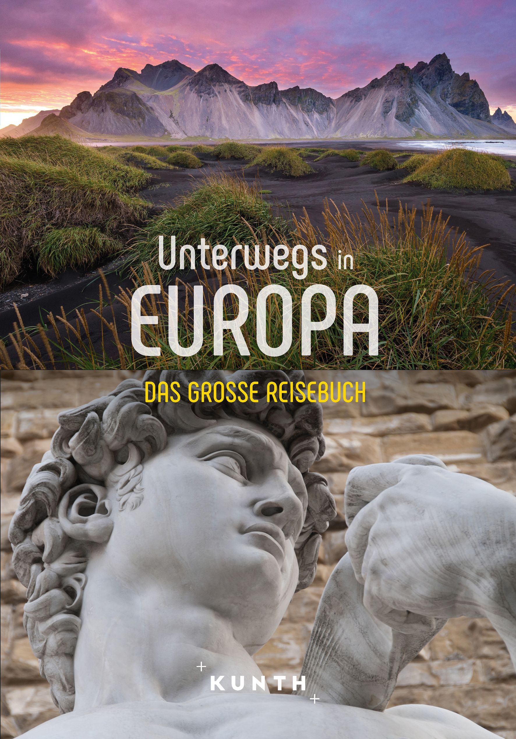 9783969651056 Unterwegs in Europa - Das große Reisebuch, Cover oben Berge und Wälder, unten alte griechische Statue