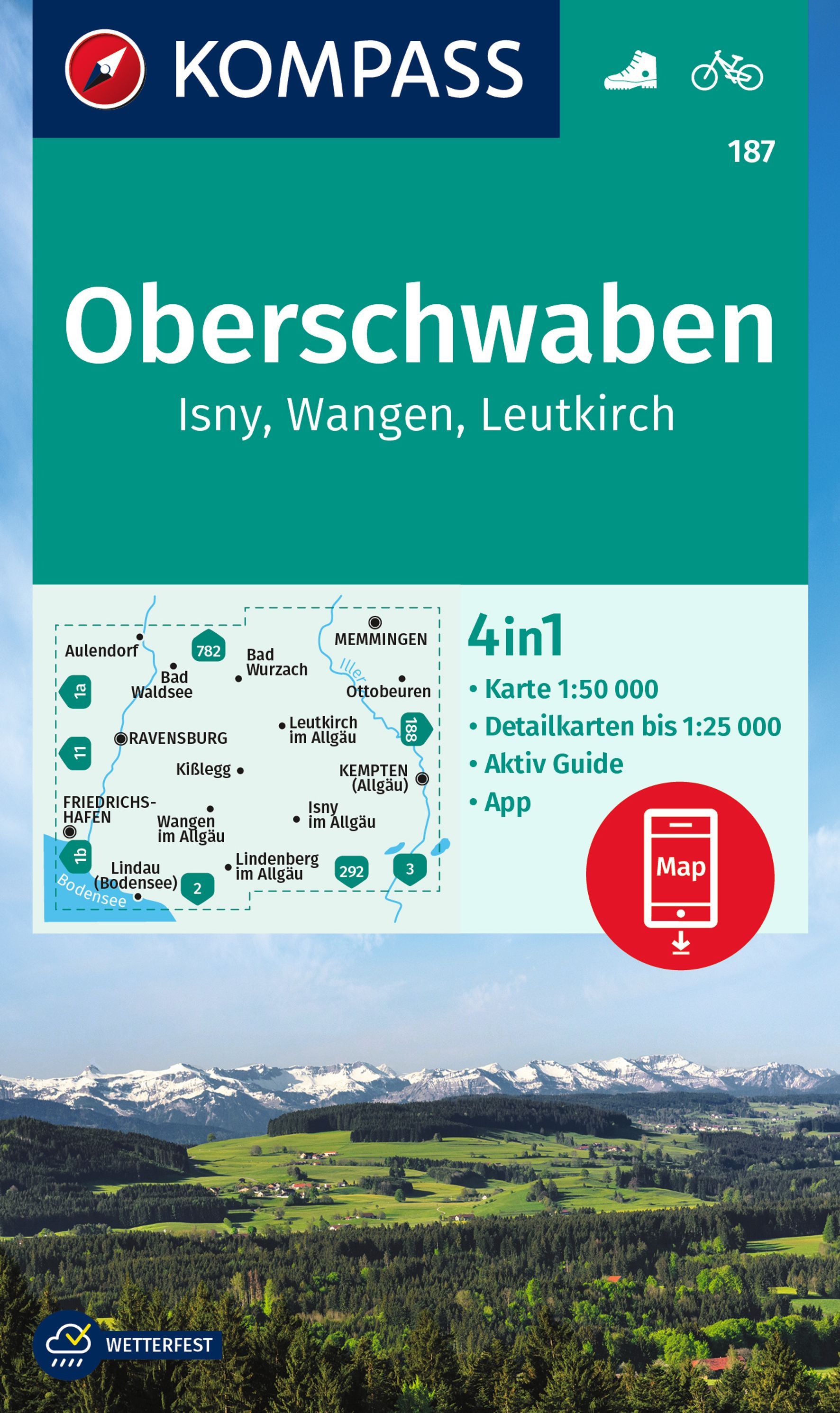 9783991216384 KOMPASS Wanderkarte 187 Oberschwaben, Isny, Wangen, Cover weite Landschaft mit Bäumen und Bergen dahinter