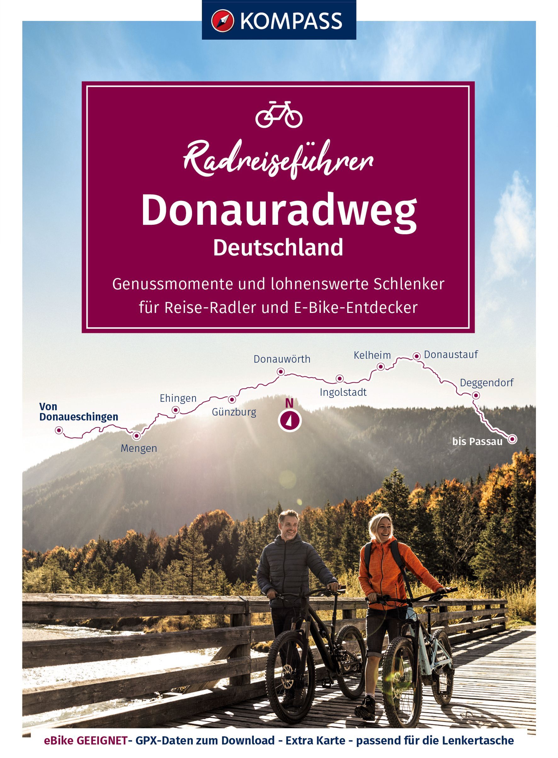 9783991215202 KOMPASS Radreiseführer Donauradweg Deutschland, Cover 2 Fahrradfahrer vor Berglandschaft