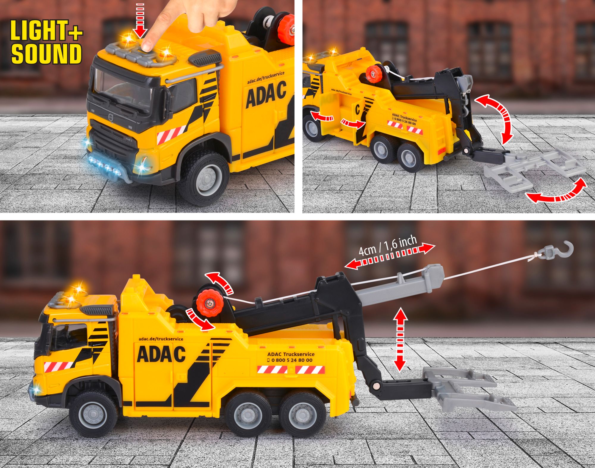 213743002_05_ig_majorette_volvotruckabschleppwagenadac_002 ADAC Volvo Abschleppwagen, Gelb, leuchtende Sirene, Ausklappbarer Bergearm, Anwendungsbeispiel