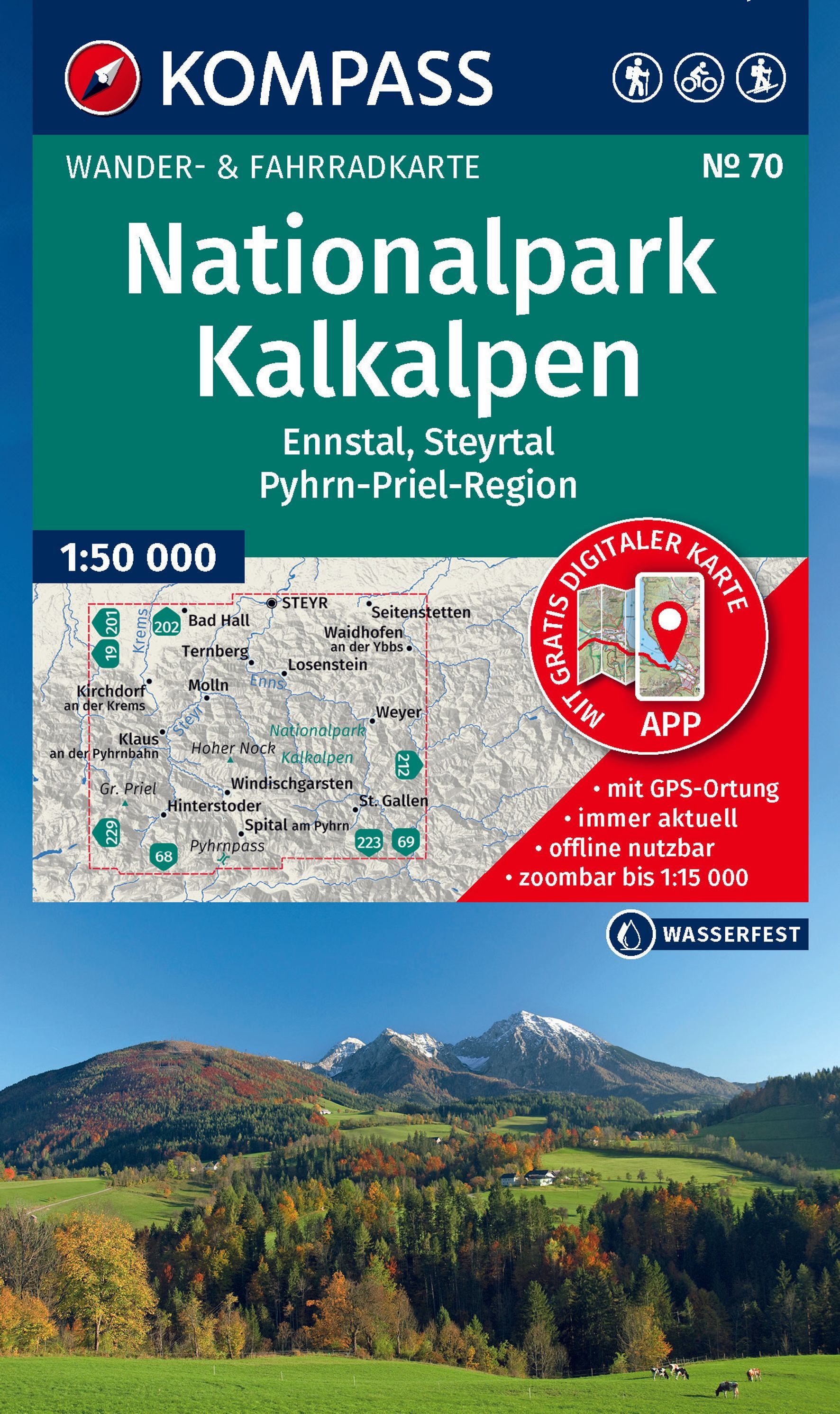 KOMPASS Wanderkarte 70 Nationalpark Kalkalpen Werbung, Plakat, Draußen, Kuh, Säugetier
