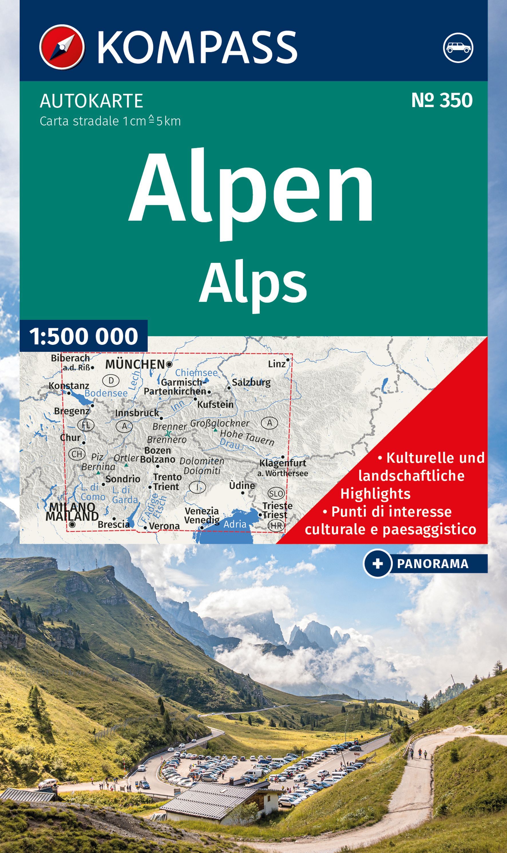 KOMPASS Autokarte Alpen, Alps, Alpi, Alpes Cover Landschaft Grün Himmel Wolken