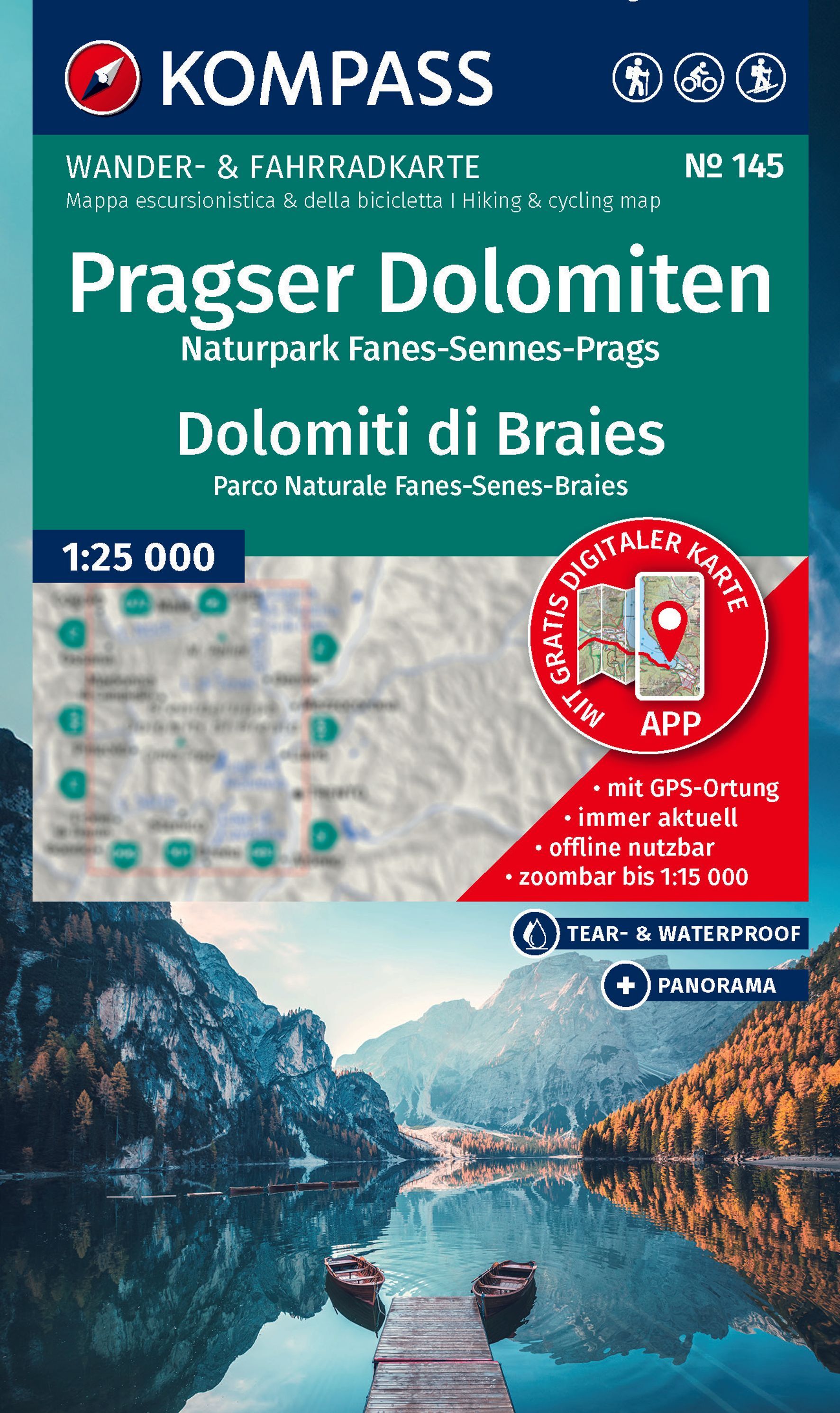 KOMPASS Wanderkarte 145 Pragser Dolomiten Werbung, Plakat, Boot, Draußen, Natur