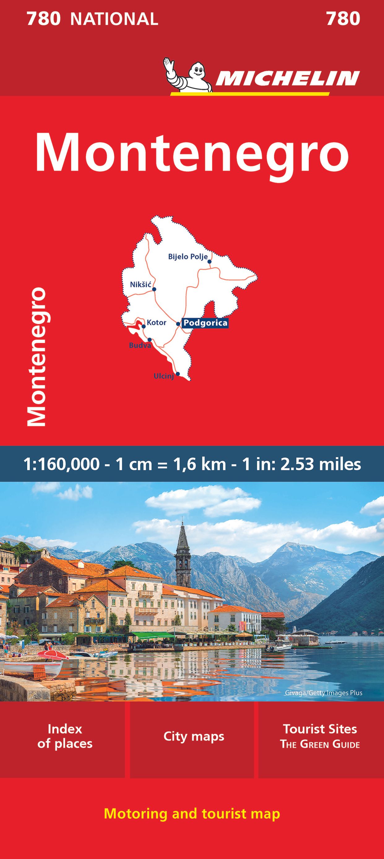 CN780_Montenegro_RU23_9782067259911_D1 Michelin Nationalkarte Montenegro Cover Rot mittig Stadt am Fluss mit Bergen im Hintergrund