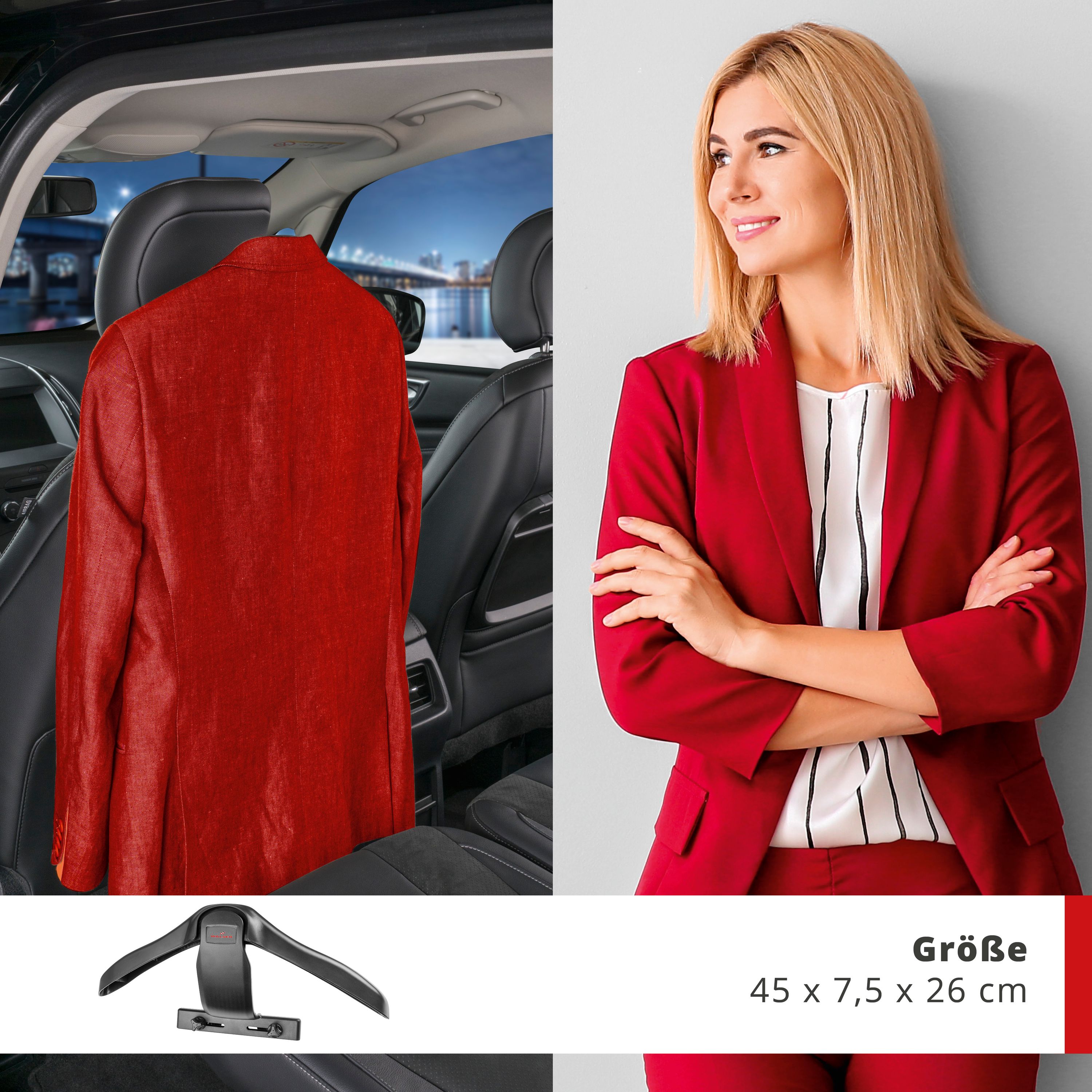 Autokleiderbügel Beispielbild im Auto mit rotem Frauen Jacket