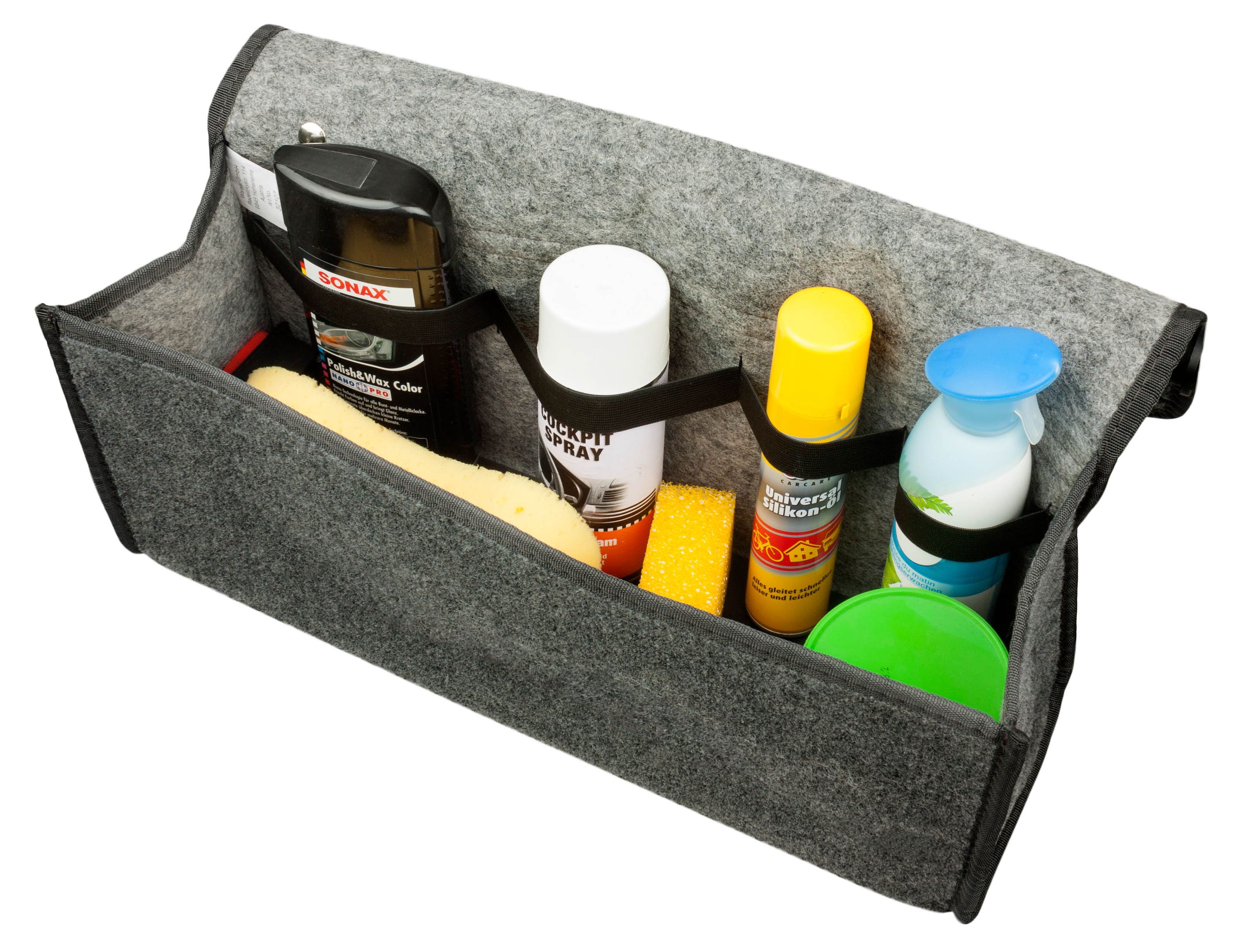 Auto-Werkzeugtasche gefüllt mit Reinigungsmitteln, Schwamm, Grau