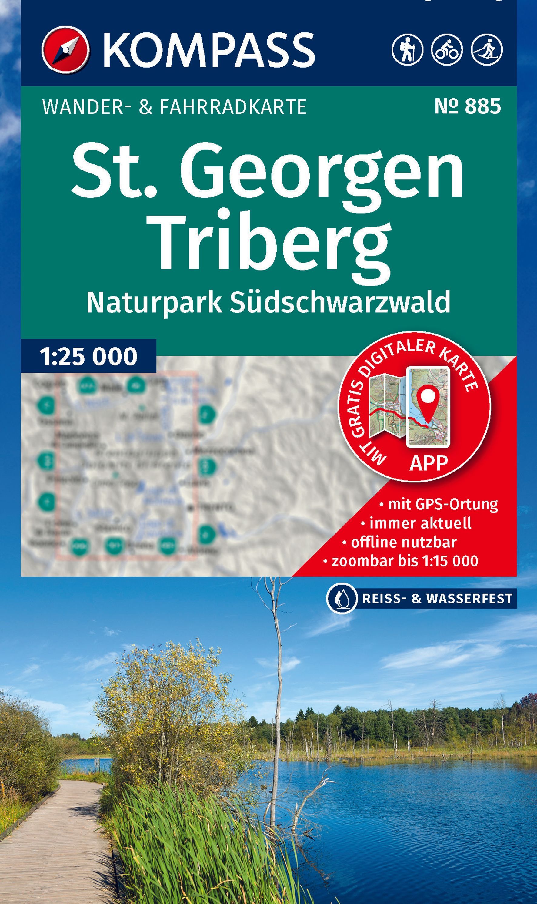 KOMPASS Wanderkarte 885 St. Georgen, Triberg Werbung, Plakat, Pfad, Wasser, Uferpromenade