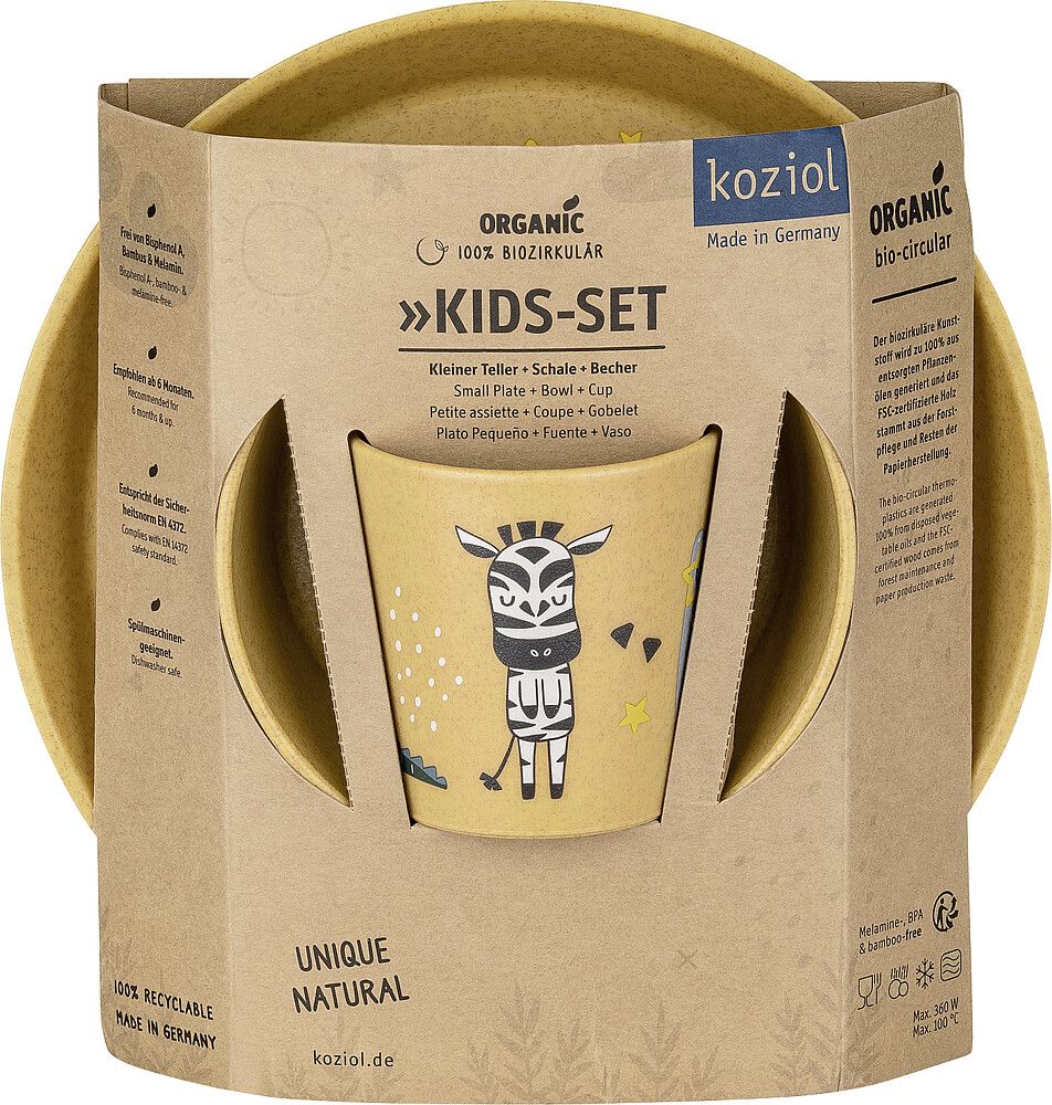 Kinder Geschirrset 3-teilig, in Gelb mit Safari Tieren. Becher, Schüssel und Teller