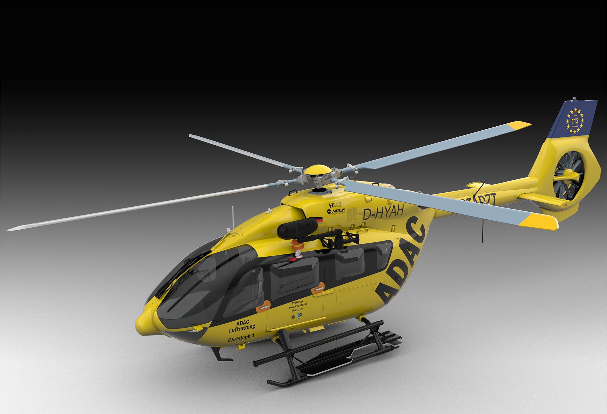 Revell 04969 Airbus Helicopter H145 ADAC - 1:32 ADAC Helikopter als Modellbau; gelb mit schwarzer Schrift, auf dunklem Hintergrund