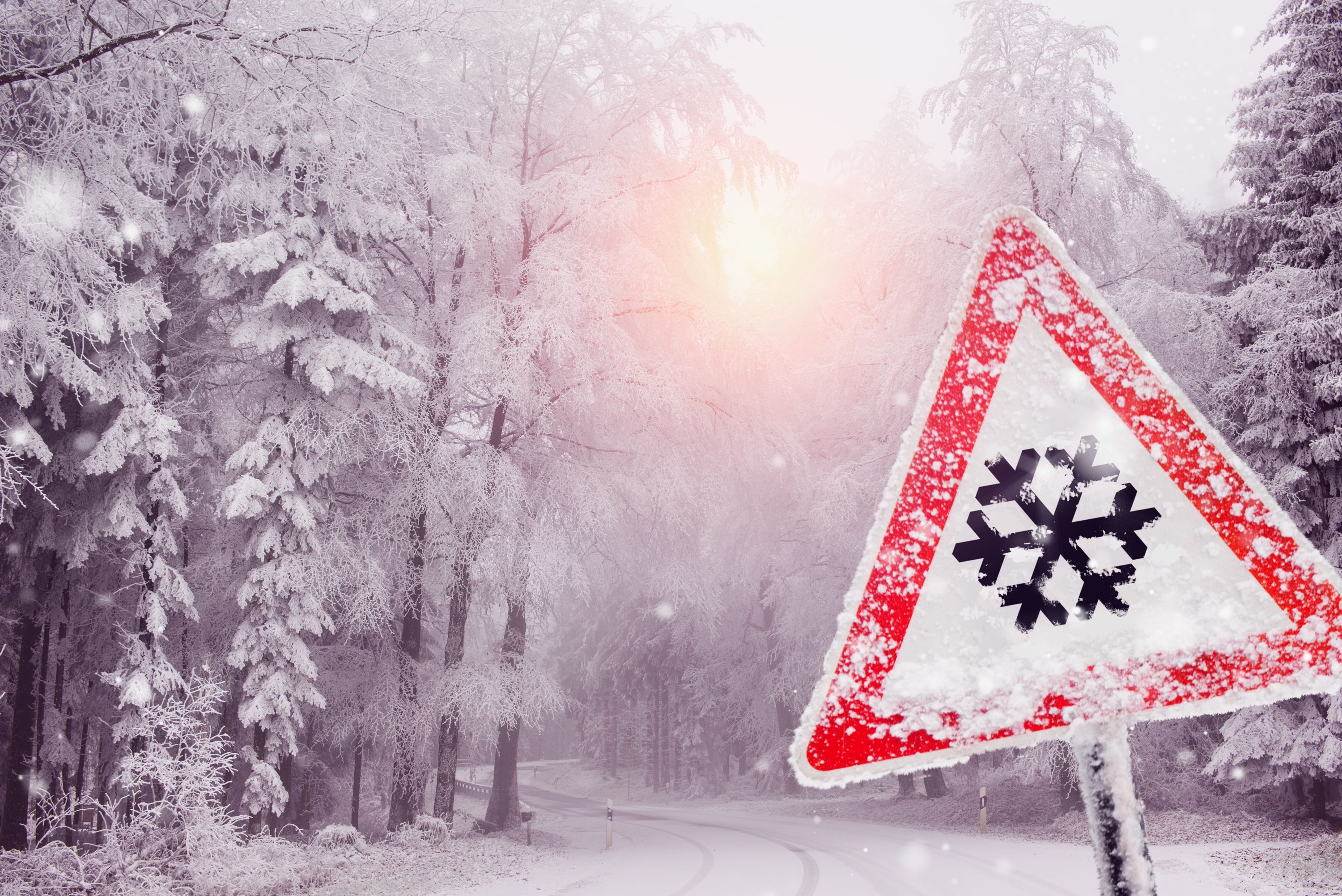 Winter, Schnee, Schneebedeckte Straße, Warnschild, Schneeflocke