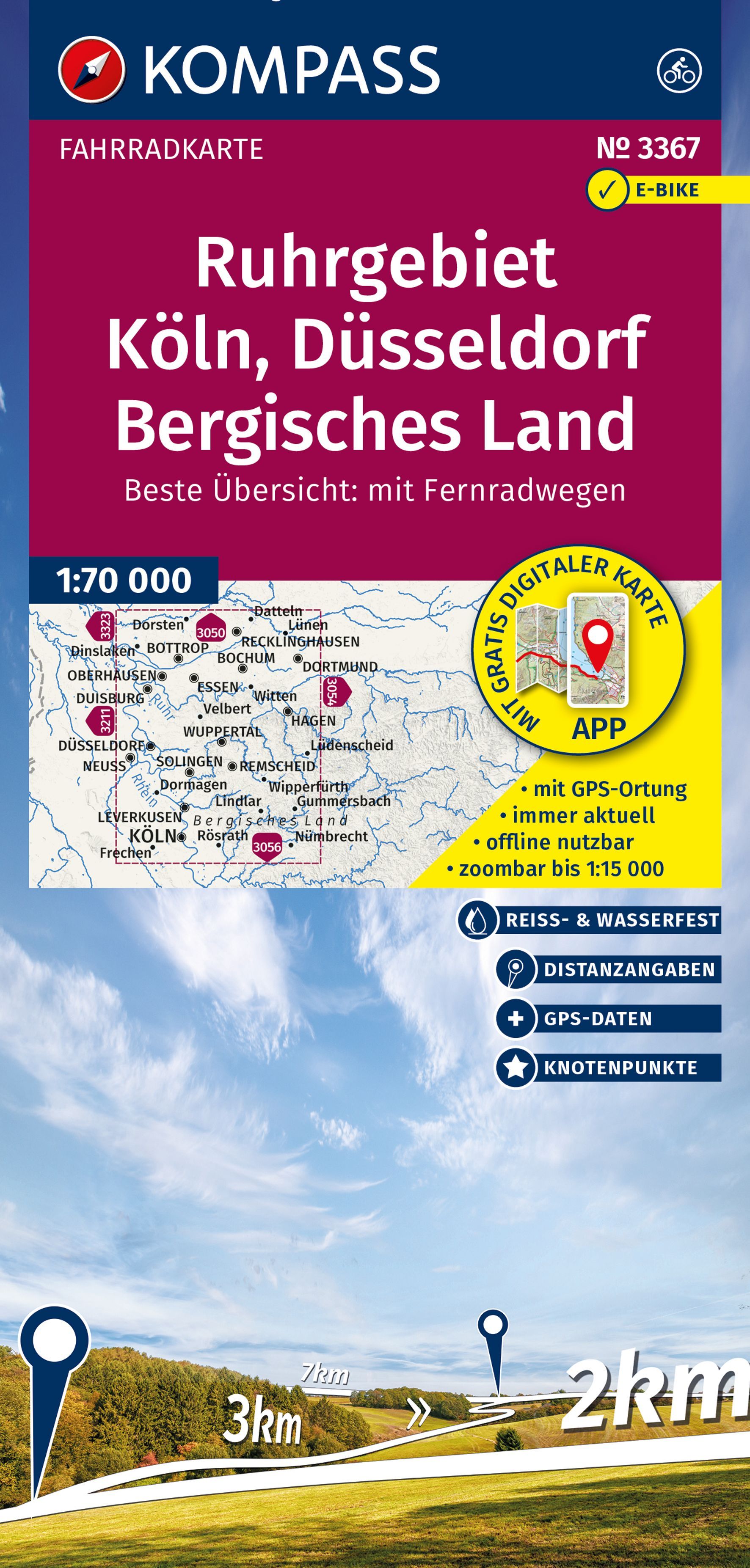 KOMPASS Fahrradkarte 3367 Ruhrgebiet, Köln Werbung, Plakat