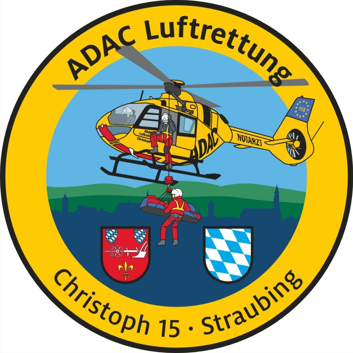 ADAC Luftrettung Fanpatch „CHR15“ Straubing Flugzeug, Hubschrauber, Fahrzeug, Logo, Person, Flugzeug, Hubschrauber, Fahrzeug, Logo, Person