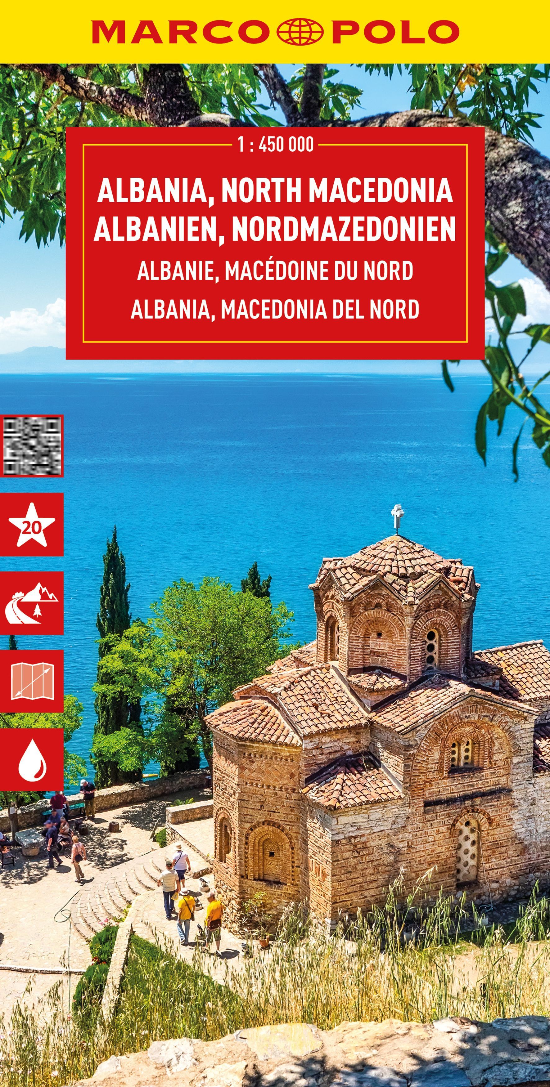 Cover Marco Polo Reisekarte Albanien, Nord Mazedonien. Sommer, Villa, Baum, Festung, Person